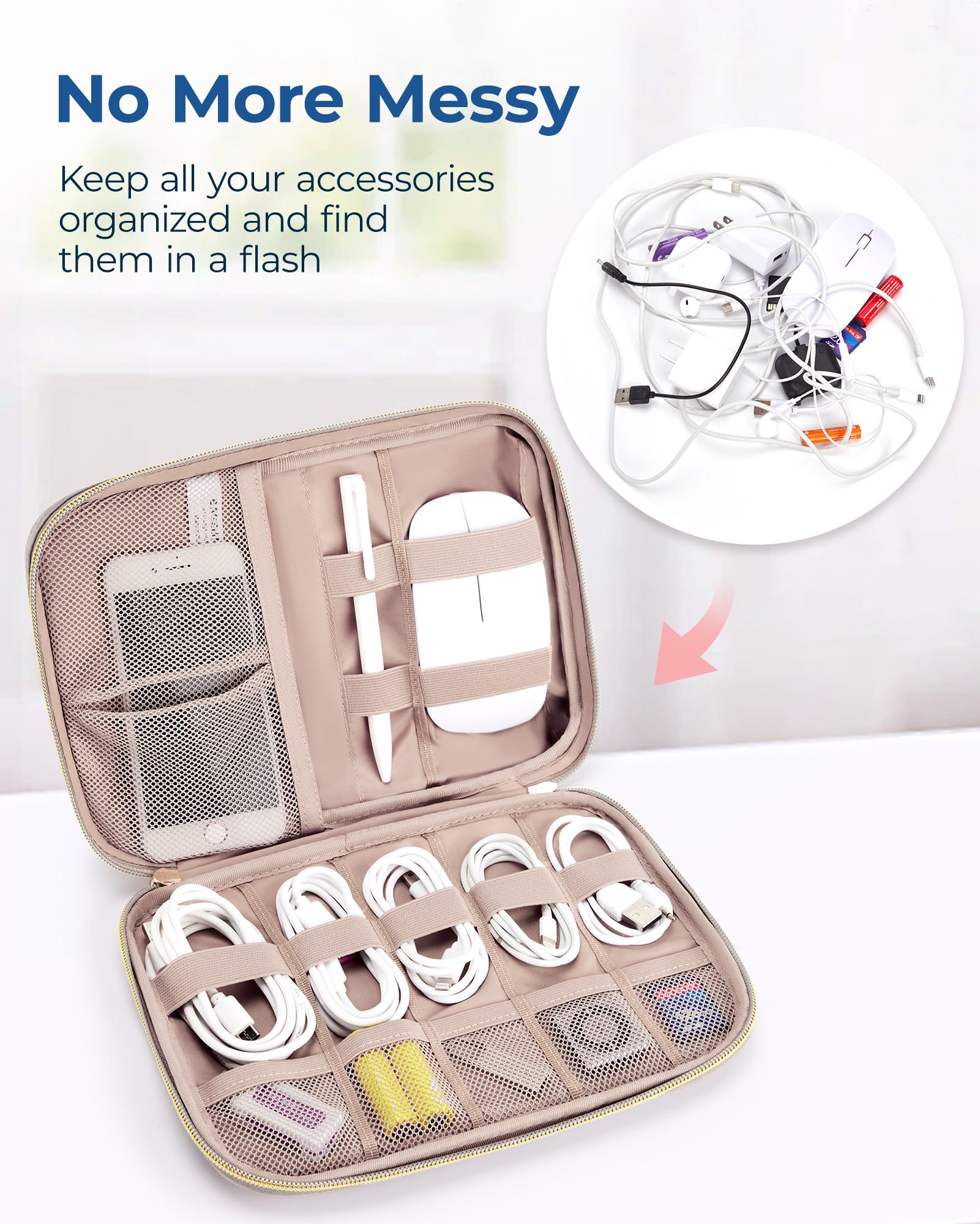 BAGSMART Electronics Organizer Travel Case - Waterproof Cable & SD Card Storage Bag, Phone Accessories Organizer for Women & Men - Perfect for Travel, Office & Daily Use (Warm Grey)