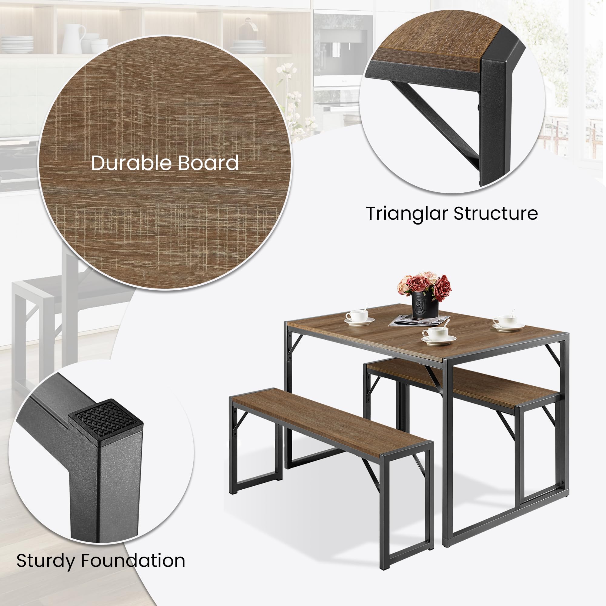 Rustic SHA CERLIN 4-Piece Kitchen Dining Table Set with Benches - Space Saving Small Dinette, Heavy Duty Metal Frame - Perfect for Apartments, Small Kitchens & Cozy Dining Spaces