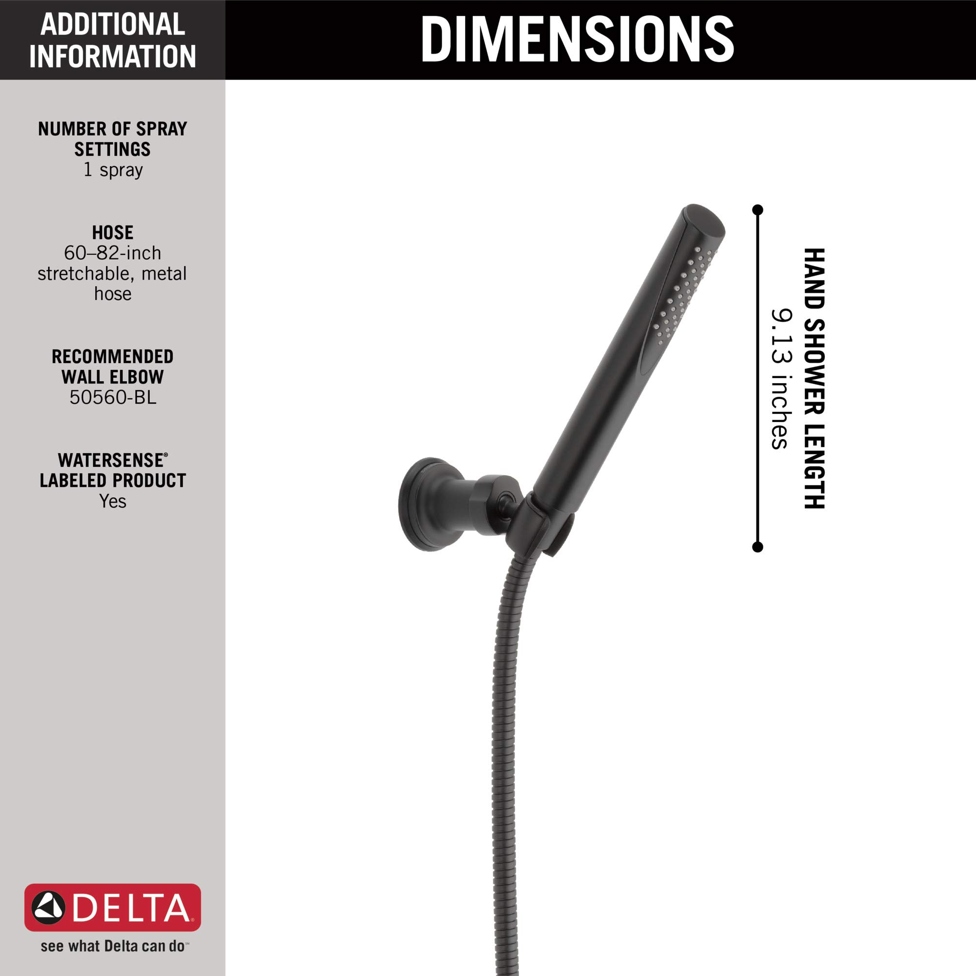 Delta Faucet Trinsic Single Spray Wall-Mount Hand Shower with Hose - Matte Black Handheld Shower Head (Model 55085-BL) for Bathroom, Spa & Relaxation