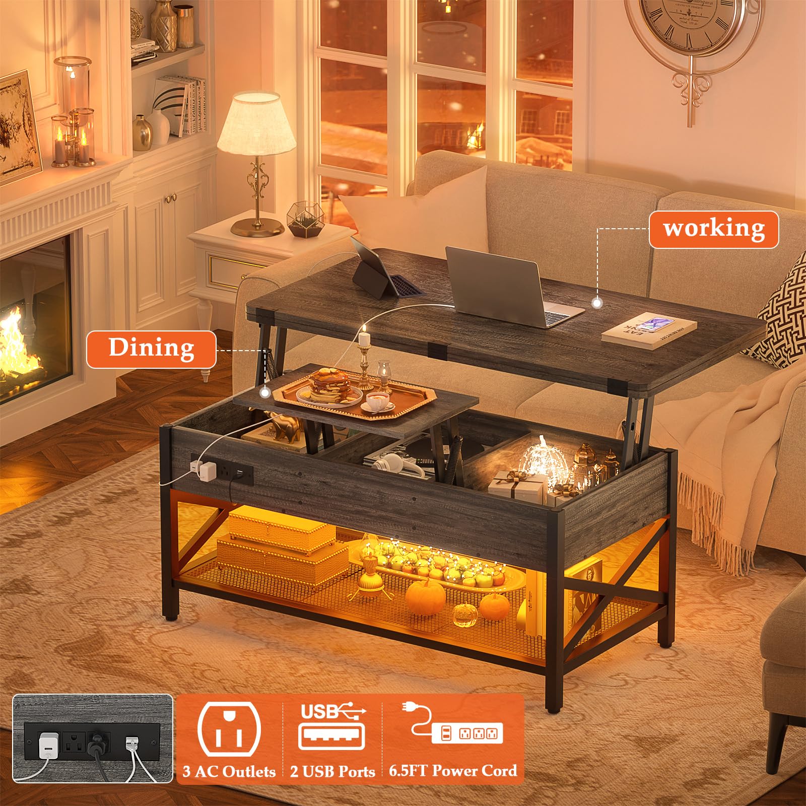 Aheaplus Lift Top Coffee Table with LED Light & Power Outlet - Convertible to Dining Table, Multi-Functional Center Table with Storage Shelves for Living Room, Home Office & Reception Areas - Black Oak Finish | Perfect for Small Space Living, Entertaining Guests & Remote Work Setup