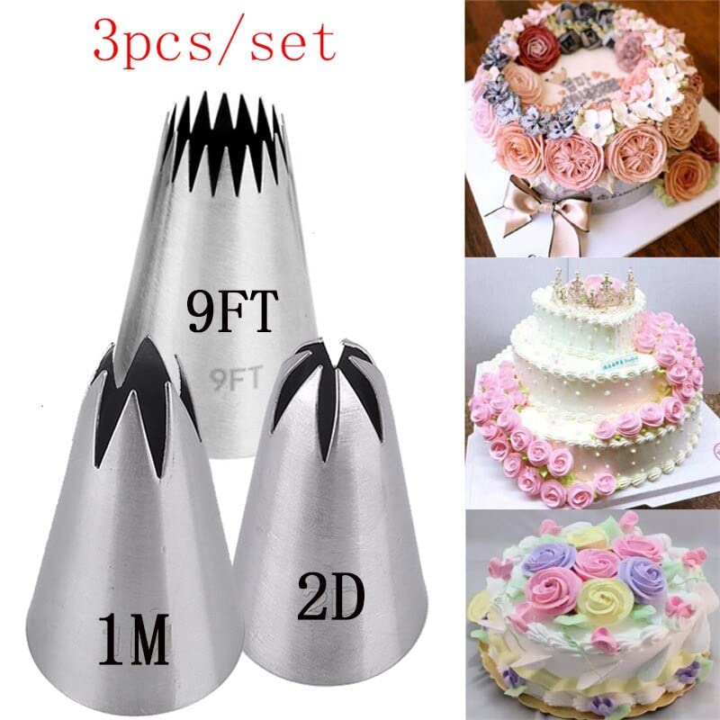 3PCS Drop Flower Piping Tips Set - 1M 2D 9FT Nozzles for Cream, Icing, Fondant - Rose Cake Decorating Tools for Baking, Pastry, Cupcakes & Wedding Cakes
