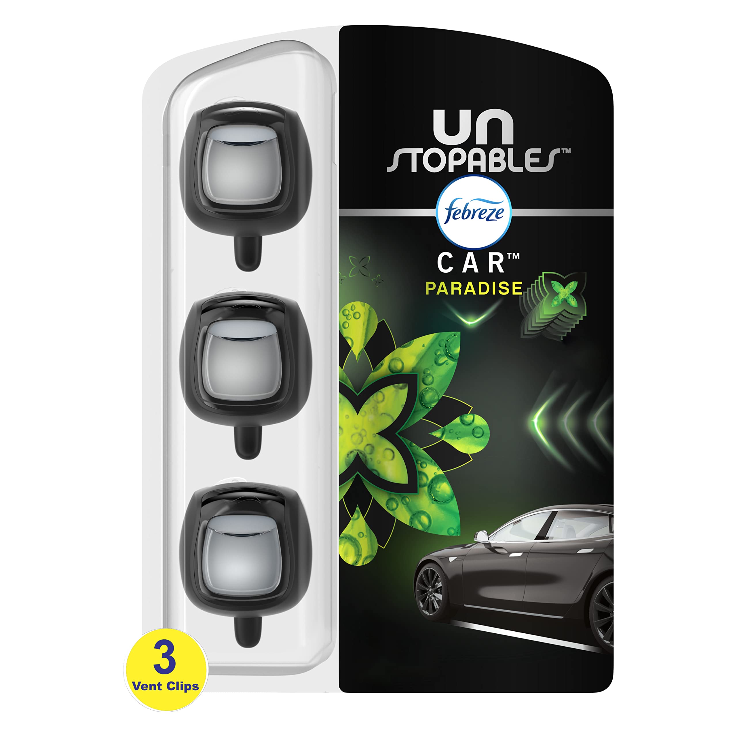 Febreze Car Air Fresheners Vent Clips - 3 Pack Unstopables Paradise Scent for Strong Odor Elimination | Long-Lasting Fragrance for Cars, Trucks & Vehicles | Perfect for Road Trips & Daily Commutes