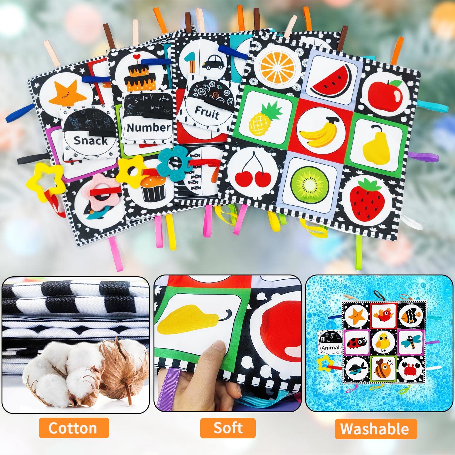 Black and White High Contrast Baby Toys - Sensory Toys for Infants 0-18 Months | Montessori Learning Activities with Mirror & Teether | 4-Pack Newborn Tummy Time Toys - Perfect Gift for Baby Boys & Girls | Stimulates Visual Development & Sensory Play