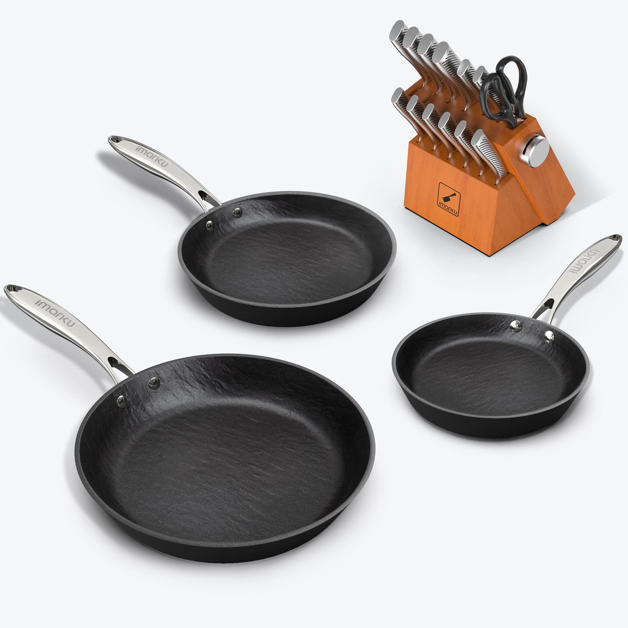 3-Piece Nonstick Frying Pan Set with Silver Handle & 14-Piece Knife Set Bundle - Perfect for Home Cooking, Kitchen Upgrade & Gift Giving