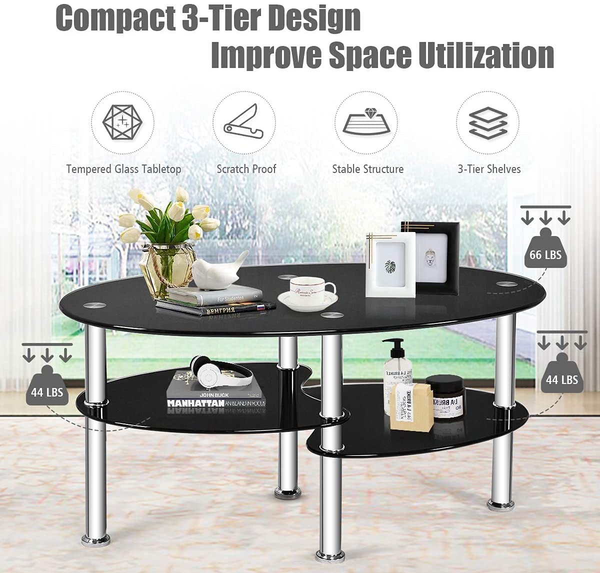 Modern 3-Tier Oval Glass Coffee Table - Moccha Design with Spacious Tempered Glass Top & Sturdy Chrome Legs - Perfect for Living Room, Office, Reception Area - Black End Table for Coffee, Books & Home Decor
