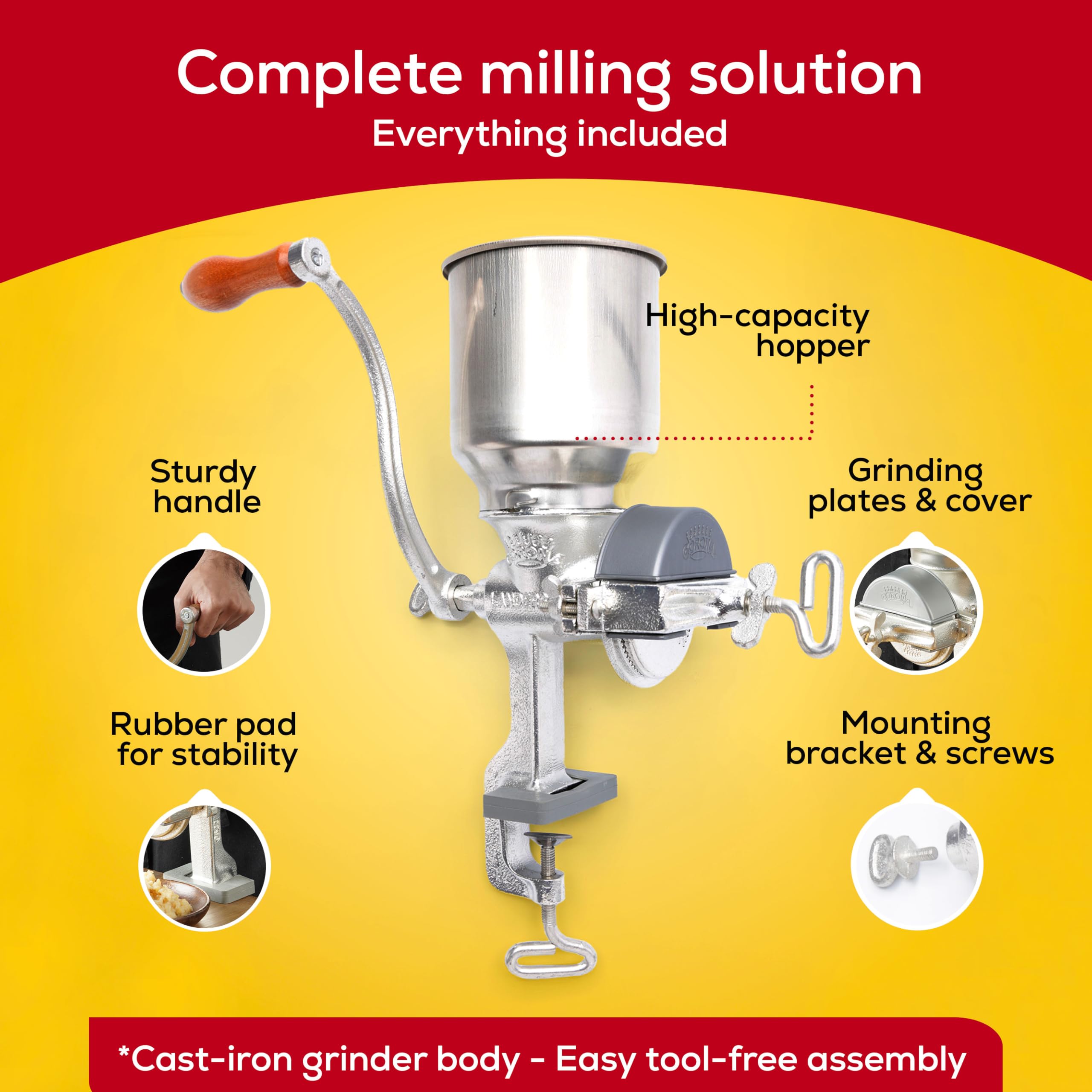 Premium Cast Iron Manual Corn Grinder - High Hopper Grain Mill for Corn, Rice, Soybeans, Pepper & Chickpeas | Hand Crank Wheat Grinder for Home Use | Perfect for Baking, Camping & Emergency Food Prep