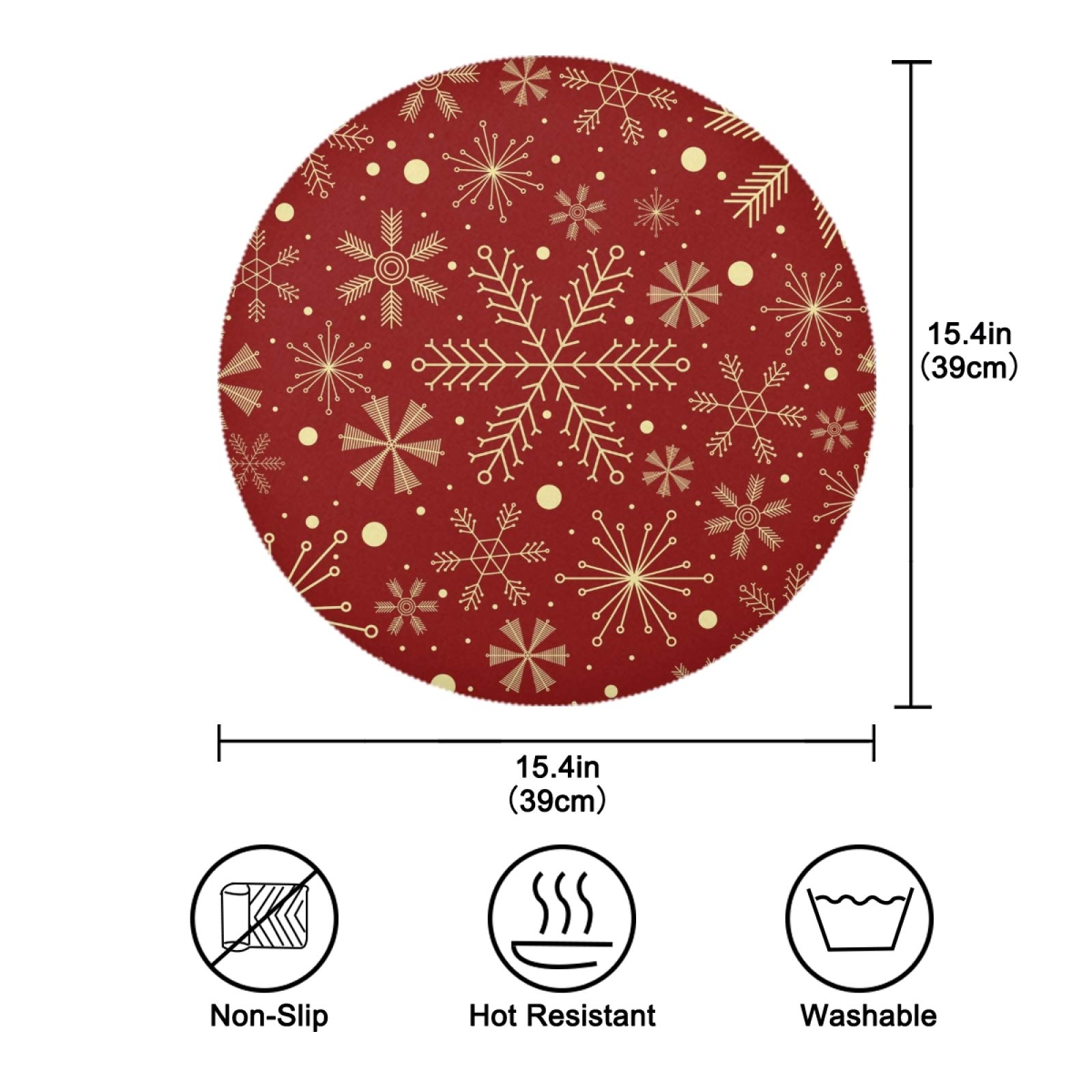 6-Pack Christmas Snowflake Red Round Placemats - Heat Resistant, Non-Slip, Washable Dining Table Mats for Holiday Decor & Everyday Use