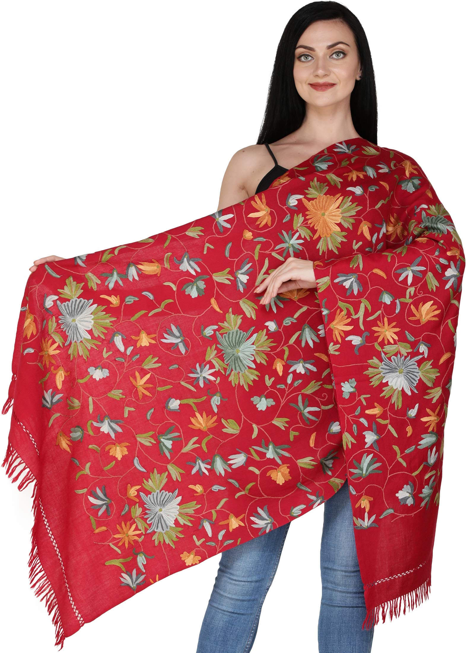 Hand-Embroidered Floral Aari Stole from Kashmir - 100% Pure Wool Shawl for Women - Perfect for Weddings, Parties & Winter Fashion