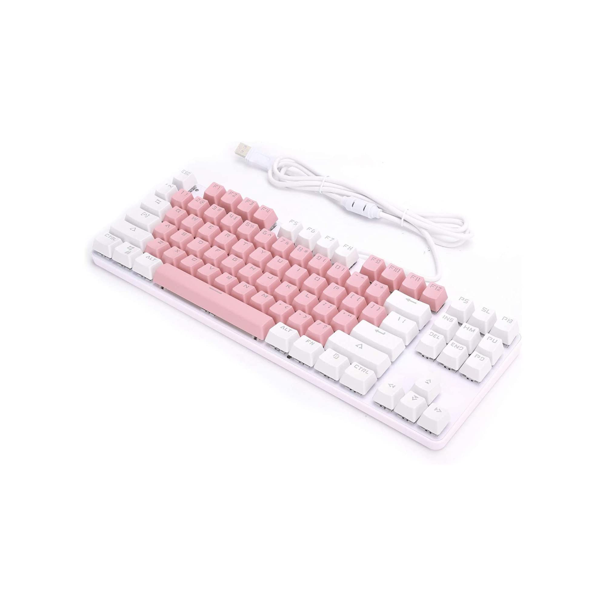 White & Pink 87-Key Mechanical Gaming Keyboard with Green Switches - USB Wired RGB Backlit Keyboard for PC Gamers | Perfect for Home Office, Esports & Typing Enthusiasts