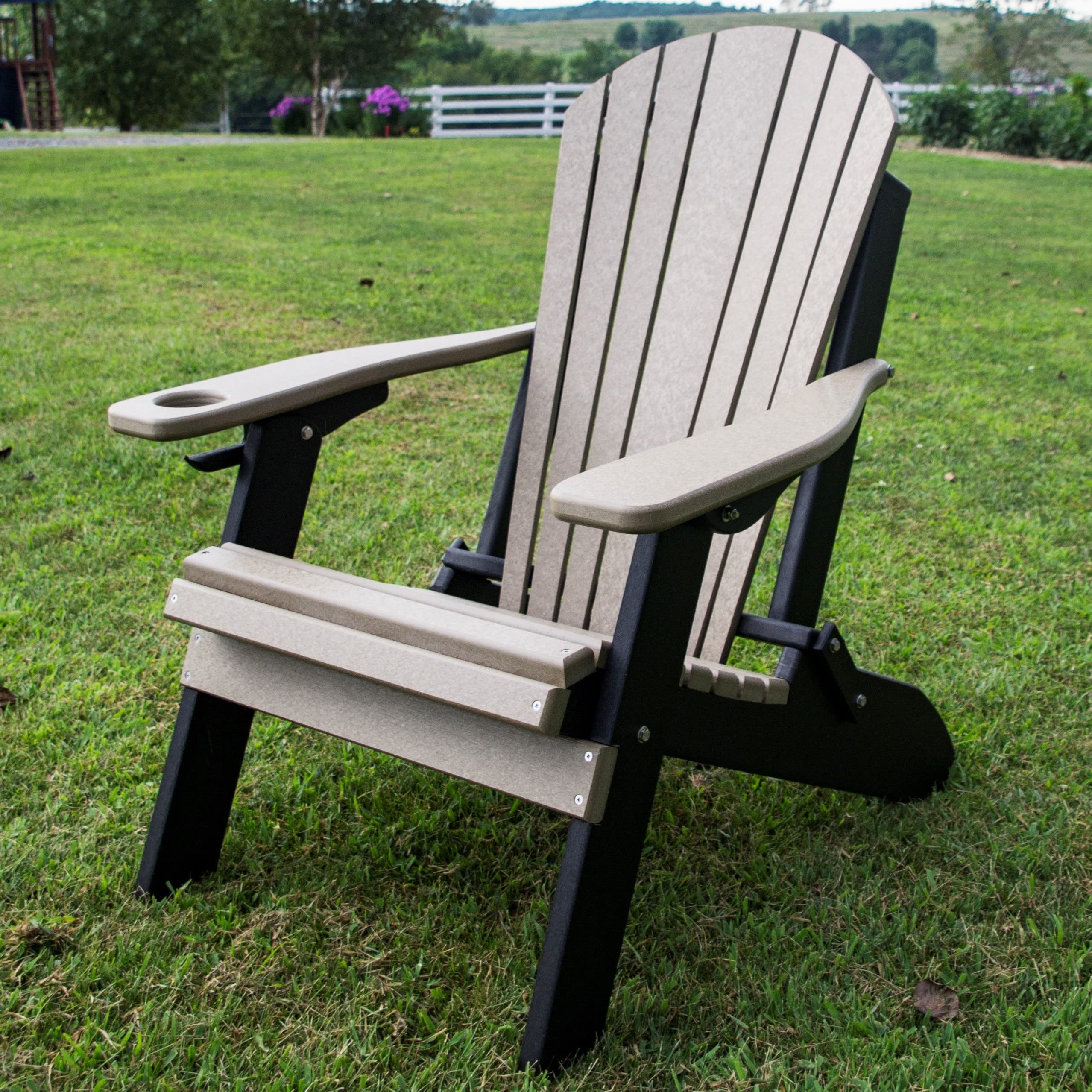 Poly Folding Adirondack Chair - Weather-Resistant Outdoor Furniture in Weathered Wood & Black - Perfect for Patio, Garden, Poolside & Backyard Relaxation