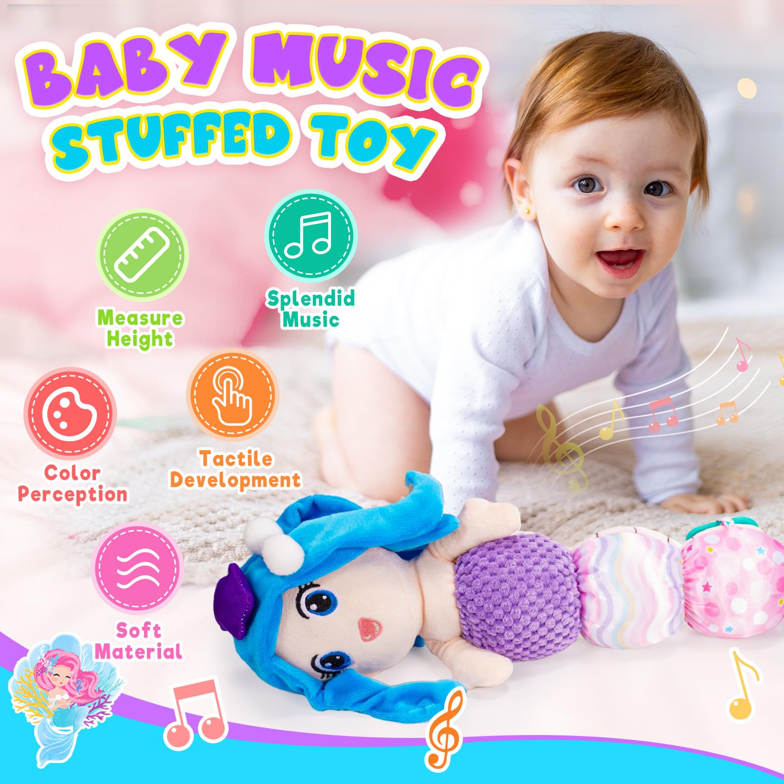 Mermaid Baby Stuffed Toy with Teether & Rattles - Soft Sensory Gift for 0-12 Months Girls | Perfect for Tummy Time & Easter Gifts
