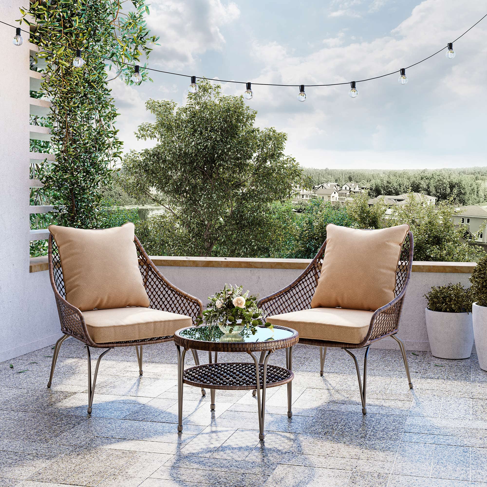 BELLEZE 3-Piece Rattan Patio Bistro Set with 2 Chairs & Glass Top Coffee Table, Outdoor Wicker Furniture with Removable Cushions - Quito (Brown) - Perfect for Backyard, Garden, Balcony & Poolside Relaxation