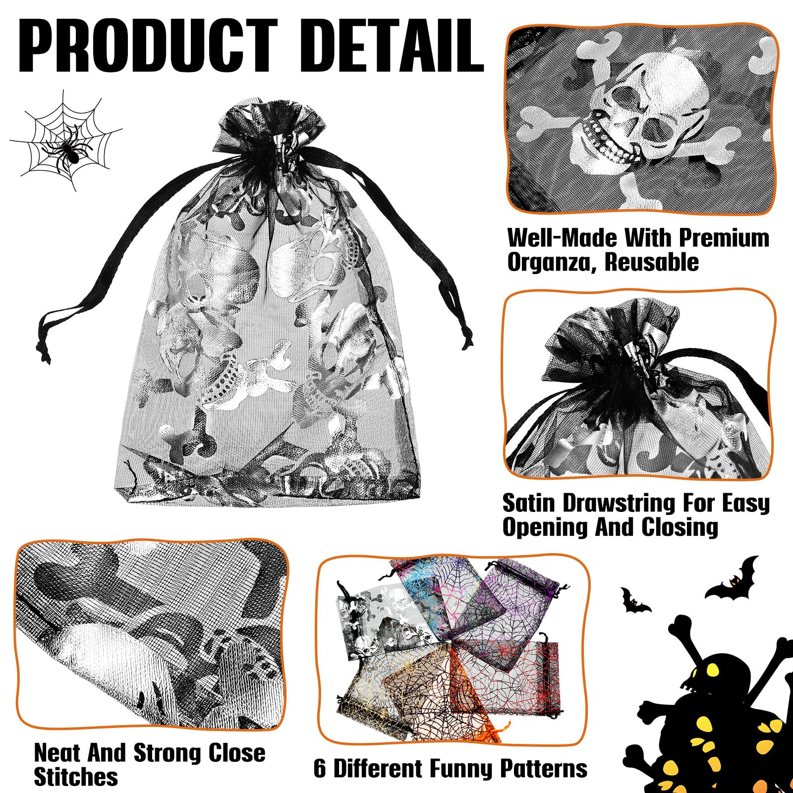 Chumia 270 Pcs Halloween Organza Bags with Drawstring - Spider Web Skull Print for Party Favors & Candy Gifts