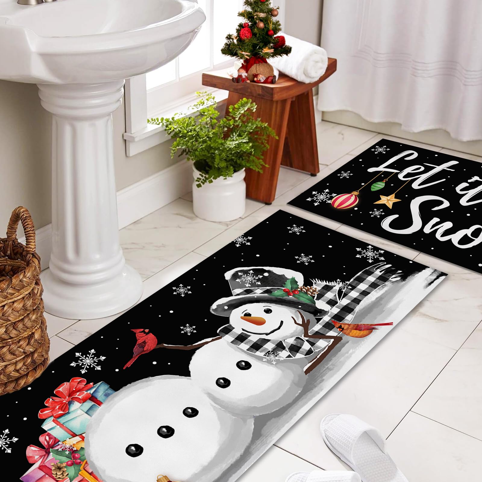 Winter Snowman Kitchen Rugs Set - Non-Slip Christmas Mats for Holiday Decor