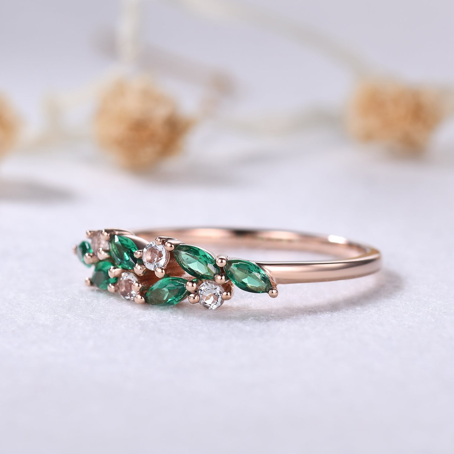 Exquisite 14k Rose Gold Emerald & Aquamarine Cluster Wedding Band – Elegant Mother’s Ring for Anniversary, Gift & Special Occasions