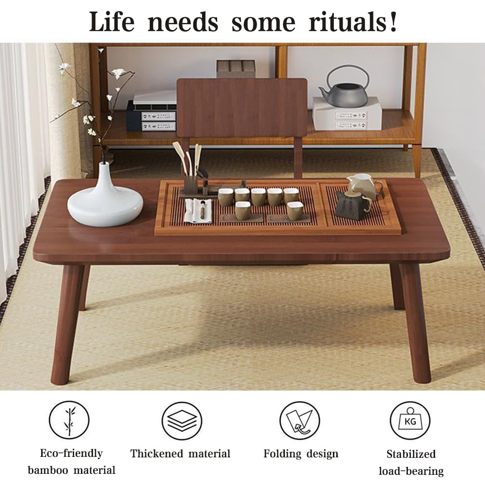 Foldable Bamboo Small Table - Portable Folding Coffee Table & Bedside Computer Desk, No Assembly Required - Perfect for Bay Window, Tatami Tea Room, Balcony, Living Room & Outdoor Use - Great for Reading, Working, or Relaxing