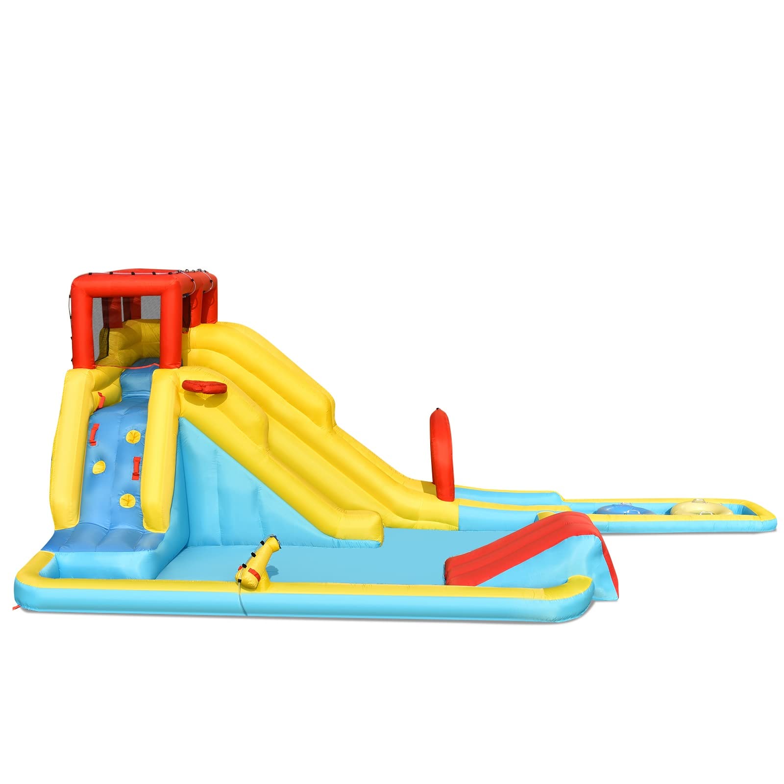OLAKIDS Inflatable Water Slide - 7-in-1 Bounce House with Dual Slides, Climbing Wall, Splash Pool, Basketball Hoop & Water Blaster | Outdoor Water Park for Backyard, Birthday Parties & Summer Fun | Includes Carry Bag, Repair Kit & Water Hose