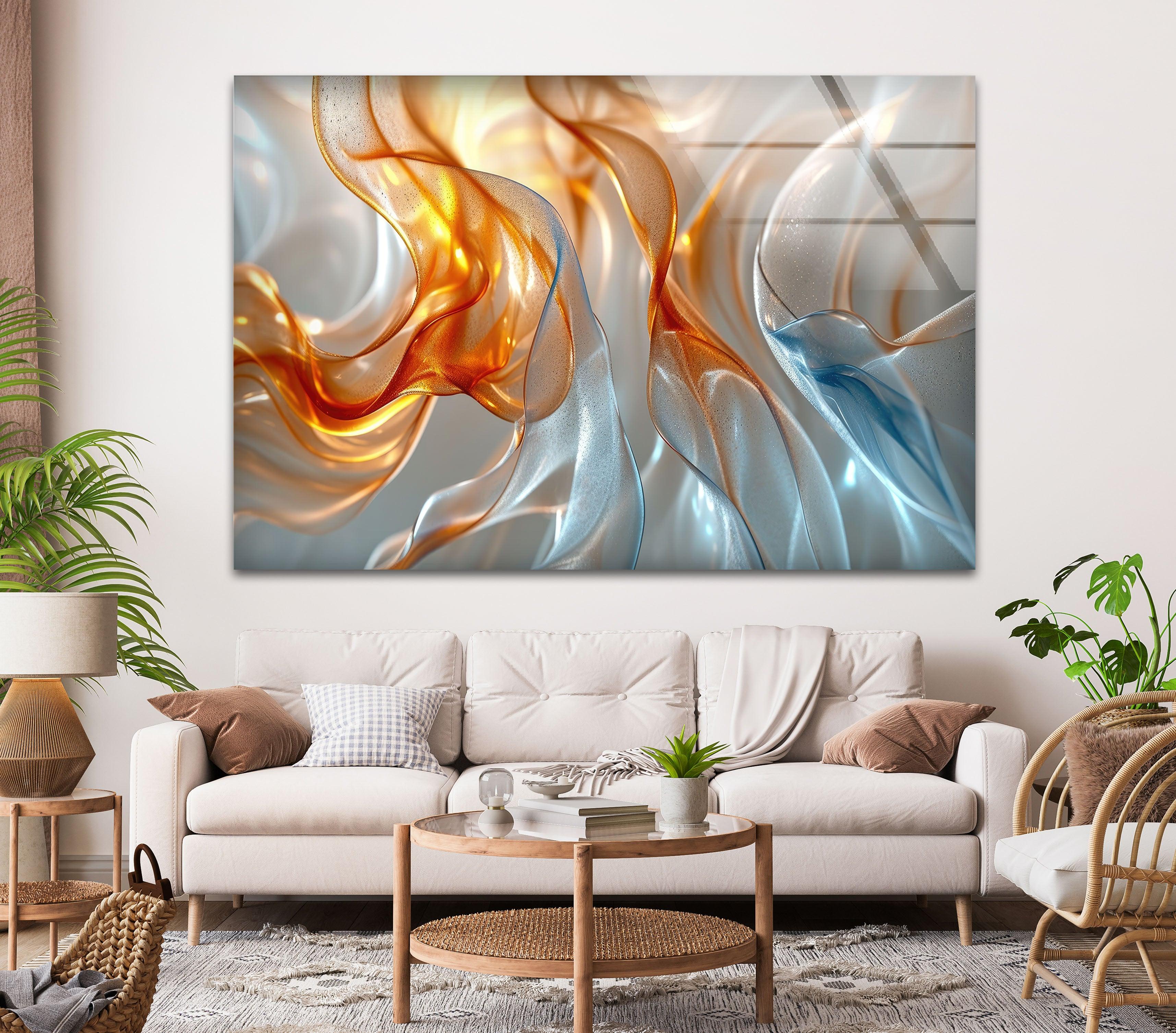 Blue and Orange Abstract Glass Wall Art - Modern Handmade Decor for Living Room, Bedroom & Office - Unique Gift Idea for Home & Interior Design