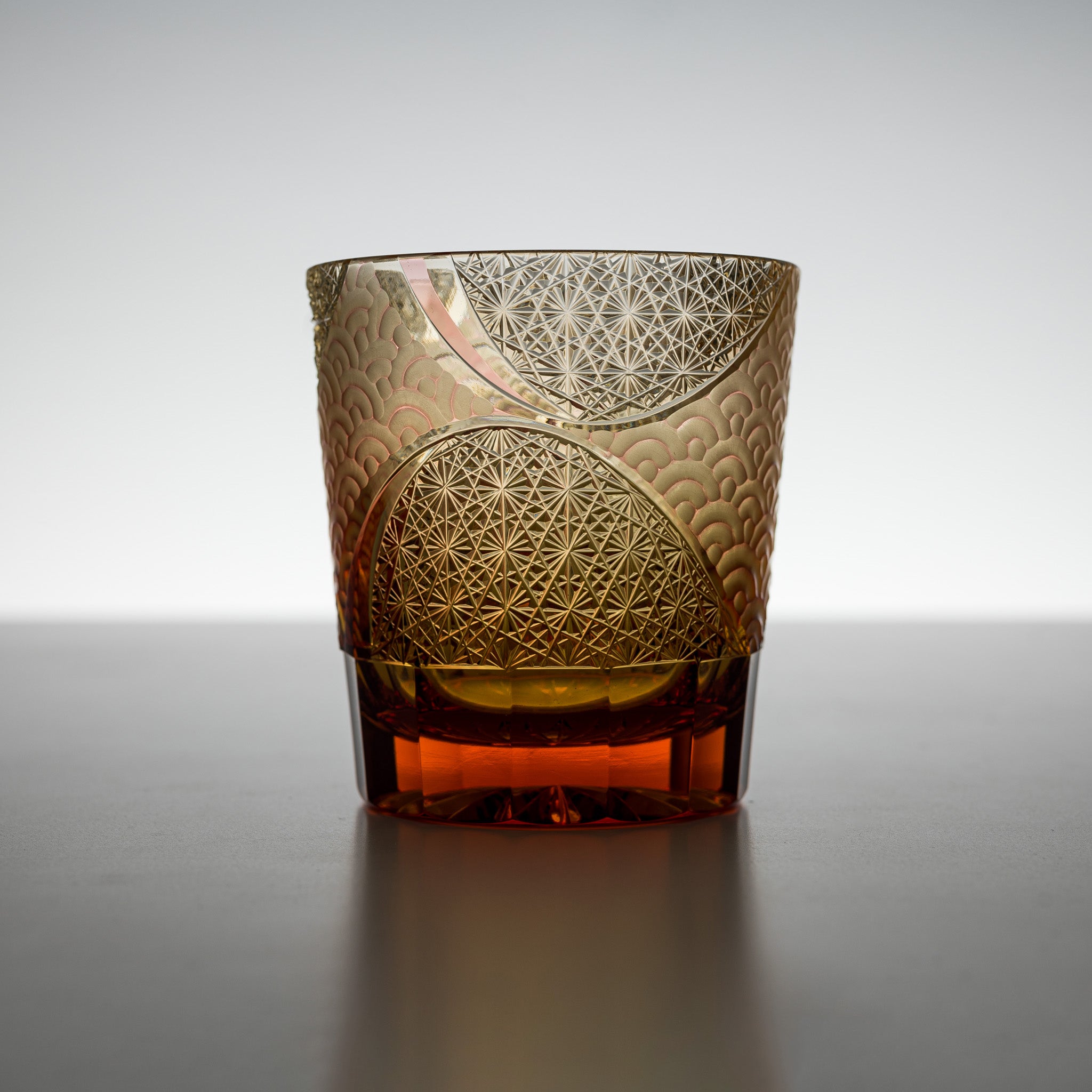 Yamada Crystal Glass Rock Glass - Wave Design Amber Red Whiskey Glass for Bourbon, Scotch & Cocktails - Perfect for Home Bar, Gifts & Parties