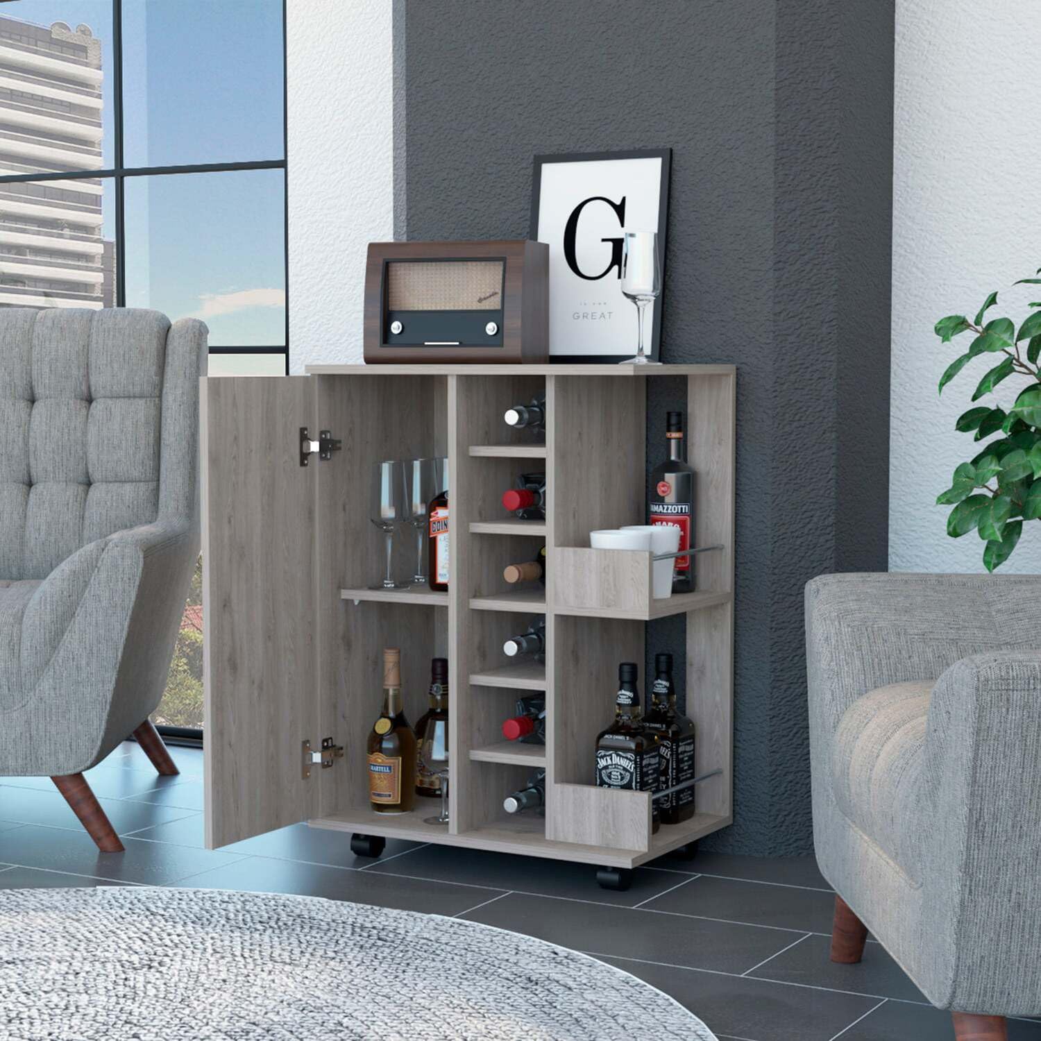 **29-Inch Tall Light Gray Bar Cart with Cabinet, 6 Cubbies & 2 Shelves - Perfect for Home Bar, Kitchen Storage & Living Room Organization**