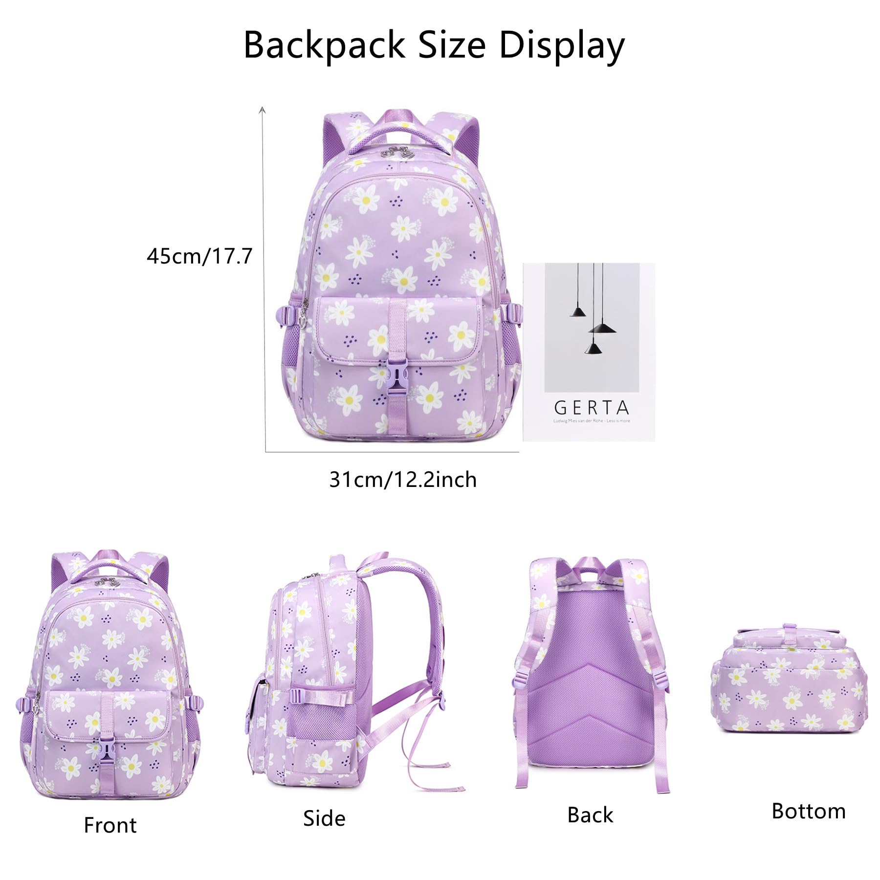 **Daisy Print Backpack for Girls - Large Purple School Backpack for Elementary Kids, Lightweight & Durable, Perfect for School, Travel & Daily Use**