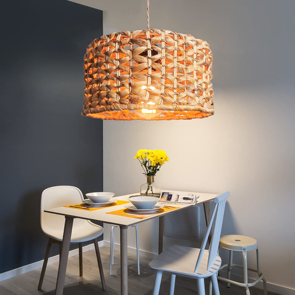 Vintage Rattan Chandelier - Handwoven Bamboo Ceiling Light Fixture with Wicker Shade | Antique Lantern Style Hanging Pendant for Tropical, Boho & Coastal Home Decor | Perfect for Living Room, Bedroom or Porch Lighting