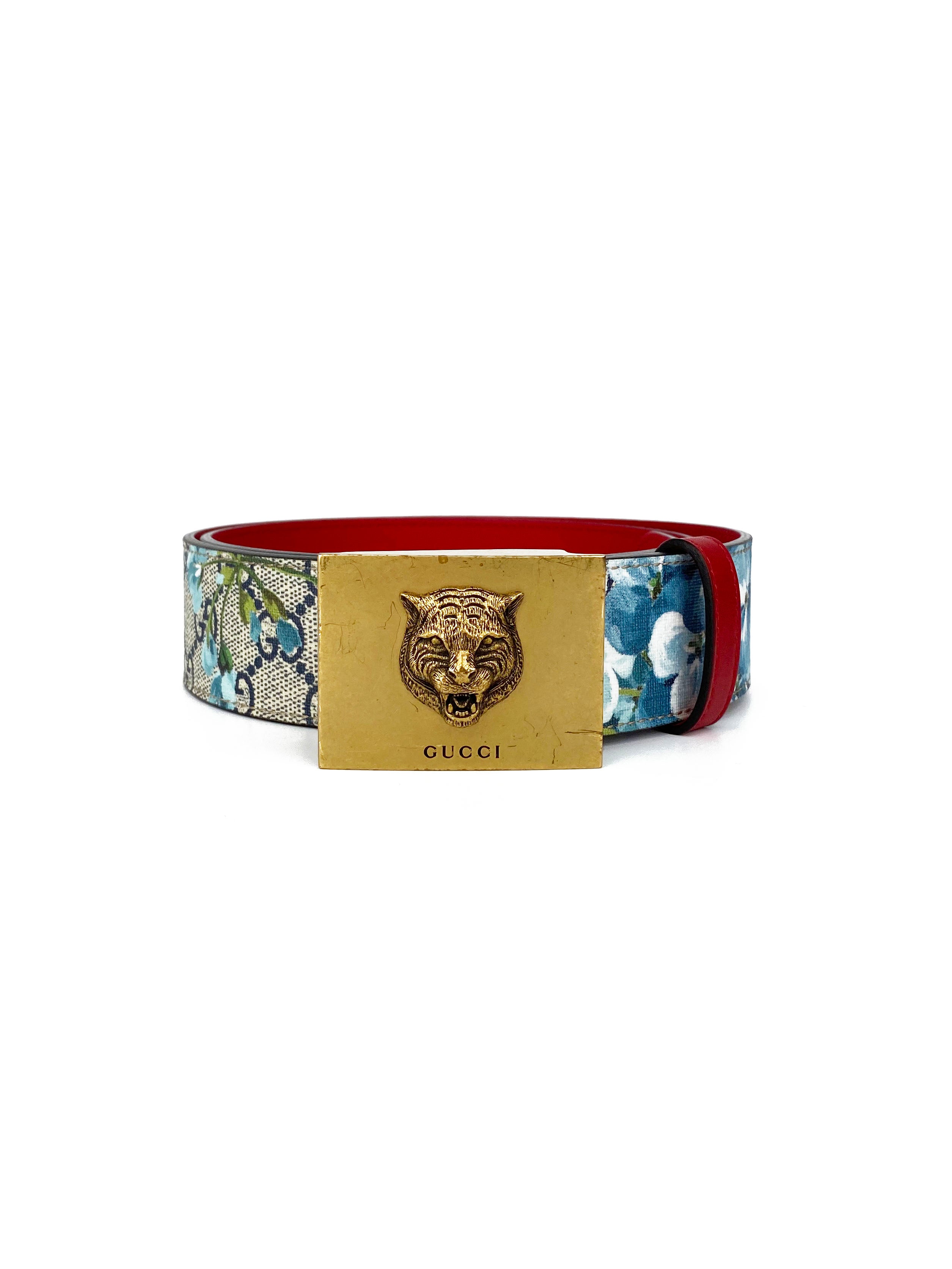 Gucci Blue Blooms Belt with Tiger Head Buckle - Luxury Designer Belt for Men & Women | Perfect for Casual, Office & Formal Outfits