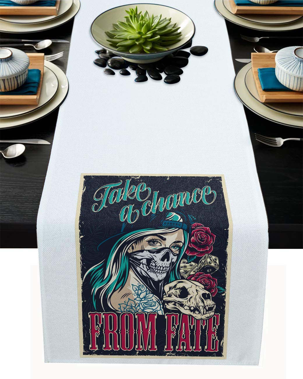 108 Inch Fashion Table Runner - Vintage Pop Art Skull Design for Round, Kitchen, Coffee & Dining Tables | Perfect for Home Decor & Living Room Use
