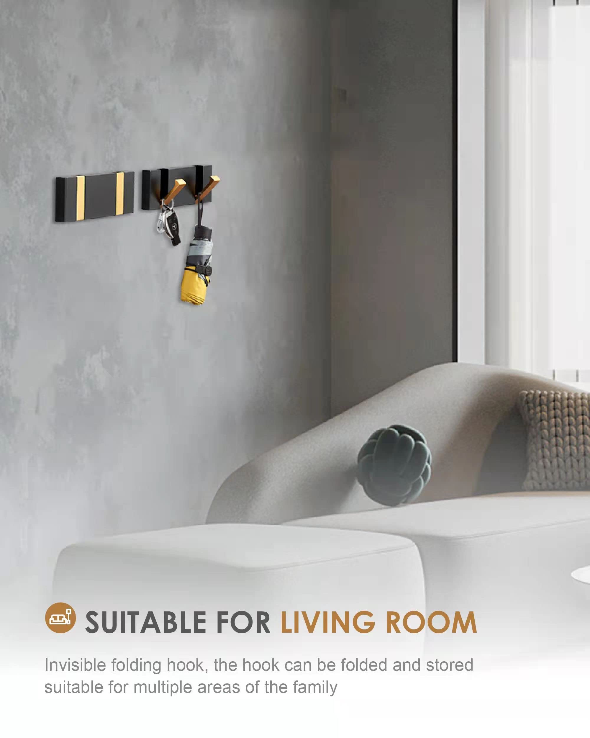 2 Pack Waterproof Black Gold Retractable Wall Hooks - Space Saving Bathroom Towel Hooks & Coat Hooks for Door, Kitchen, Balcony - Matte Finish for Modern Home Decor (Perfect for Small Spaces & Organization)