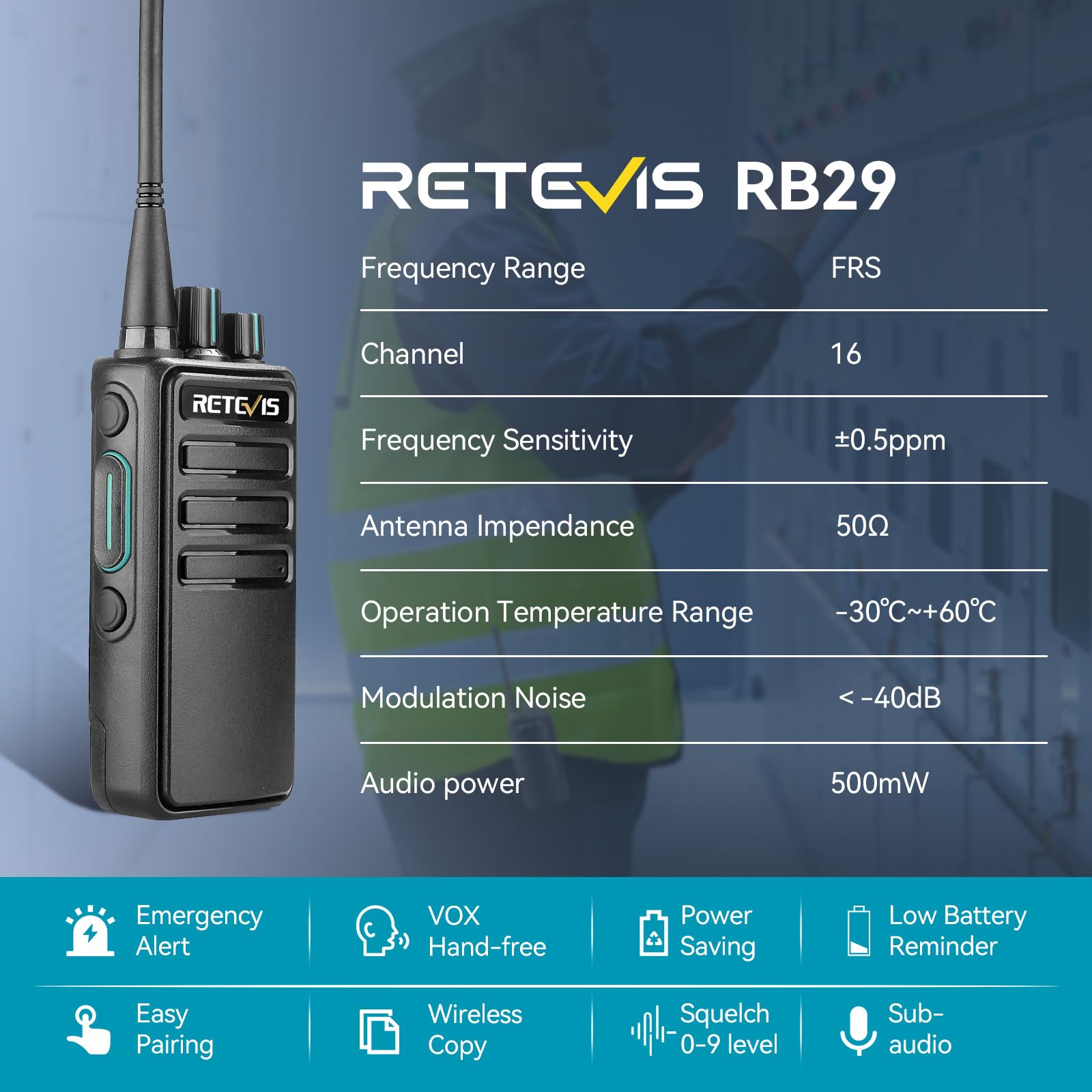 Retevis RB29 Long Range Two Way Radios (4 Pack) - Waterproof Walkie Talkies with USB Charging Base & Shoulder Mic for Construction, Business & Industrial Use - Perfect for Worksite Communication & Outdoor Activities