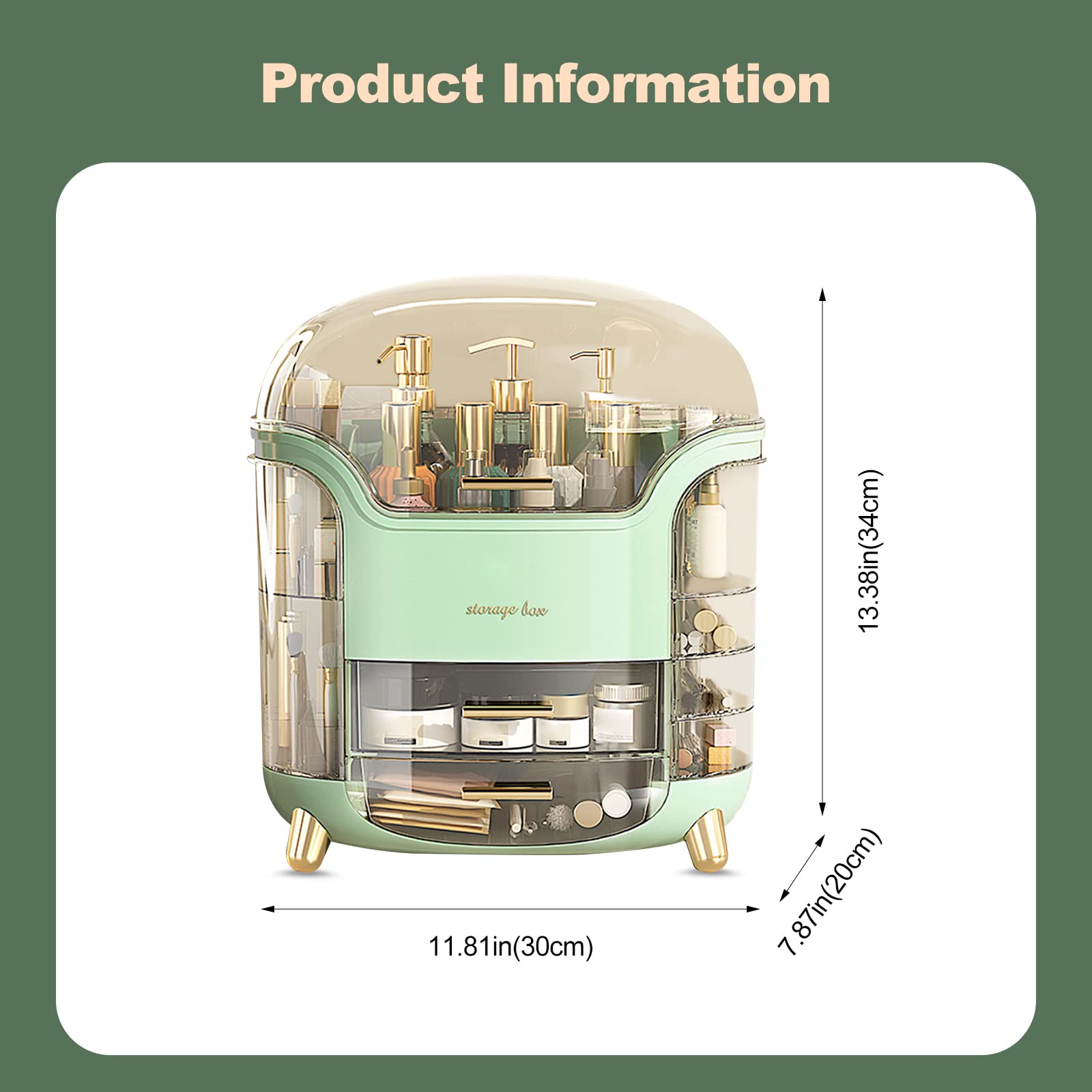 Galatée Large Capacity Makeup Organizer Box - Multifunctional Cosmetic Storage for Powder, Jewelry & Lipstick - Travel-Friendly Green Makeup Case | Perfect for Vanity, Travel & Home Organization