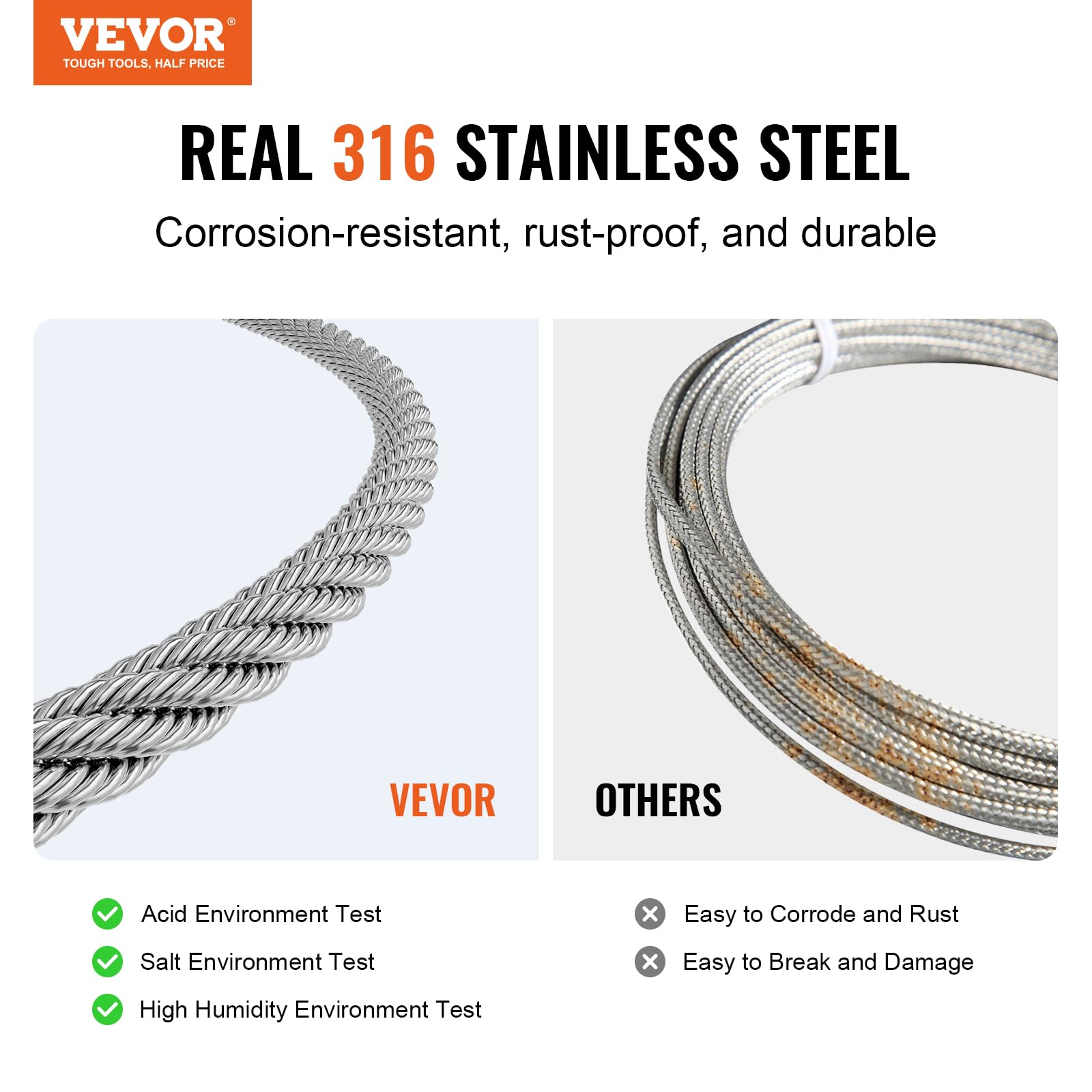 VEVOR 1/8 Inch 7x7 Strand Stainless Steel 316 Cable Railing Kit - 1000 FT Marine Grade Aircraft Cable with Cutter & Gloves, 1600 lbs Breaking Strength - Perfect for Outdoor Handrails, Stair Railings, Decking, Fences & Marine Applications