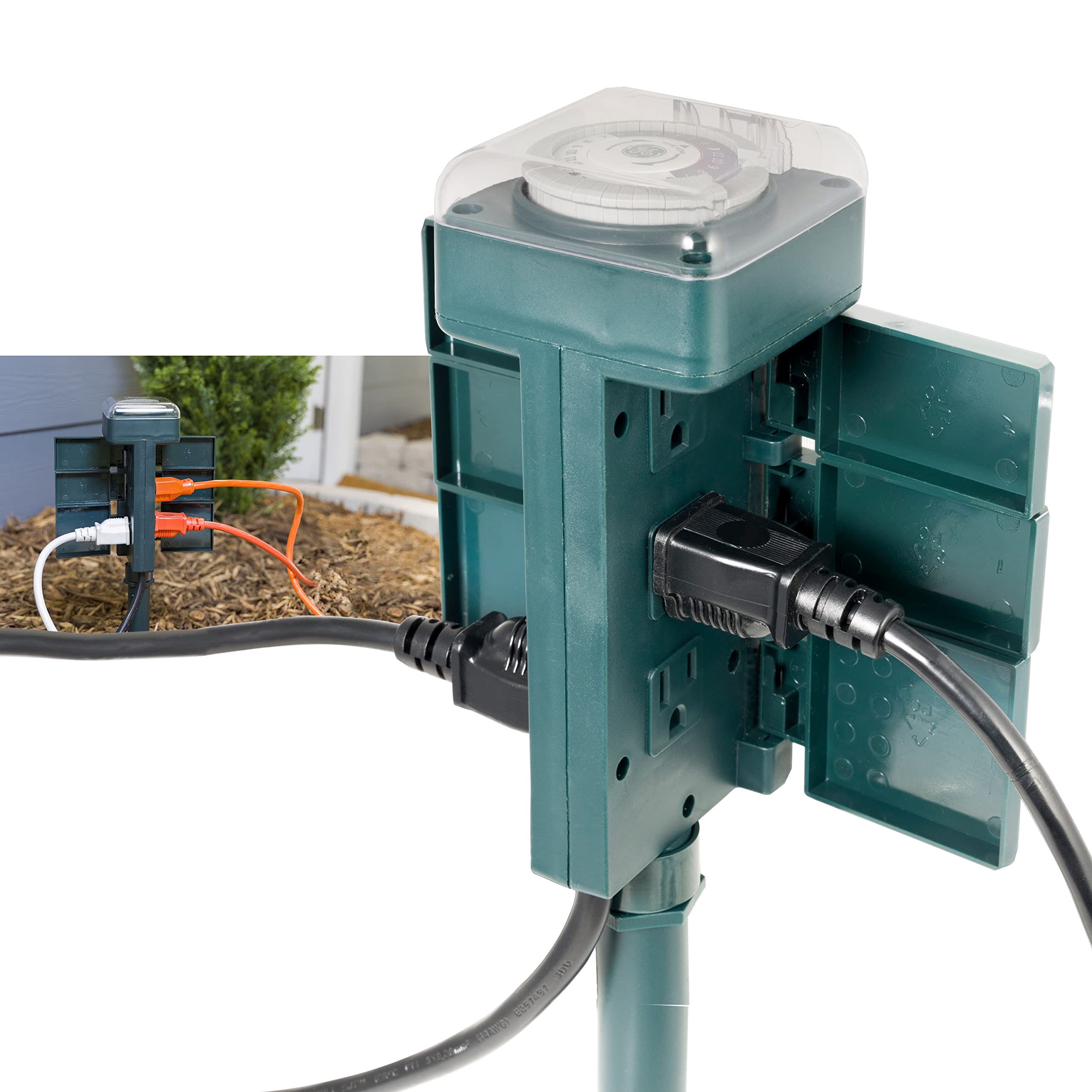 GE Outdoor 6-Outlet Mechanical Timer Stake - 24-Hour Programmable with 30-Minute Intervals, 120VAC Weatherproof Power Timer for Landscape Lighting, Holiday Decorations & Garden Equipment (Green, Model 29972) - Perfect for Patio Lights, Christmas Decor & Watering Systems
