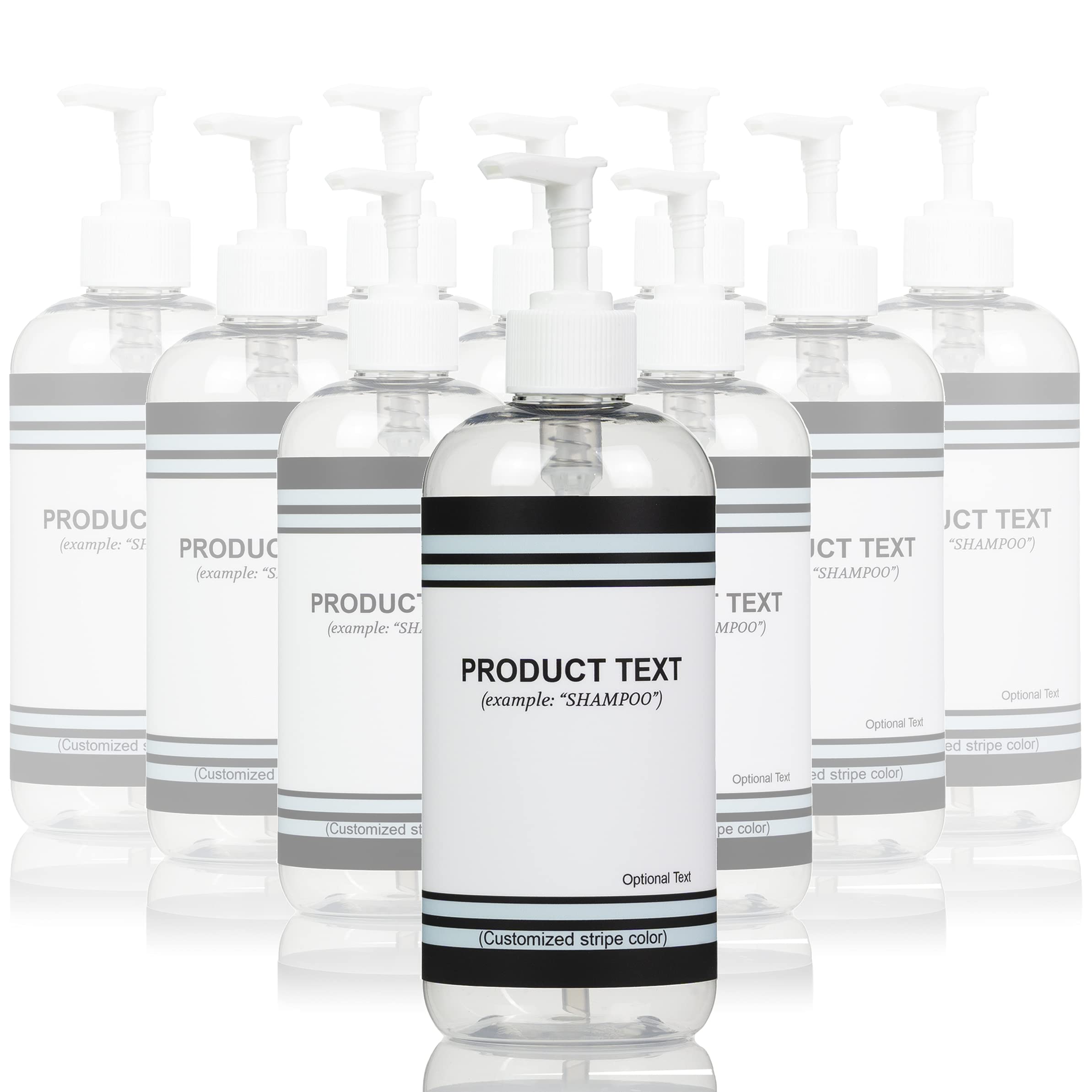 10-Pack Clear PET Plastic Refillable Pump Bottles with Minimalist Stripe Design - Waterproof Labels & White Pumps for Essential Oils, Lotions, and DIY Beauty Products - Travel & Home Use