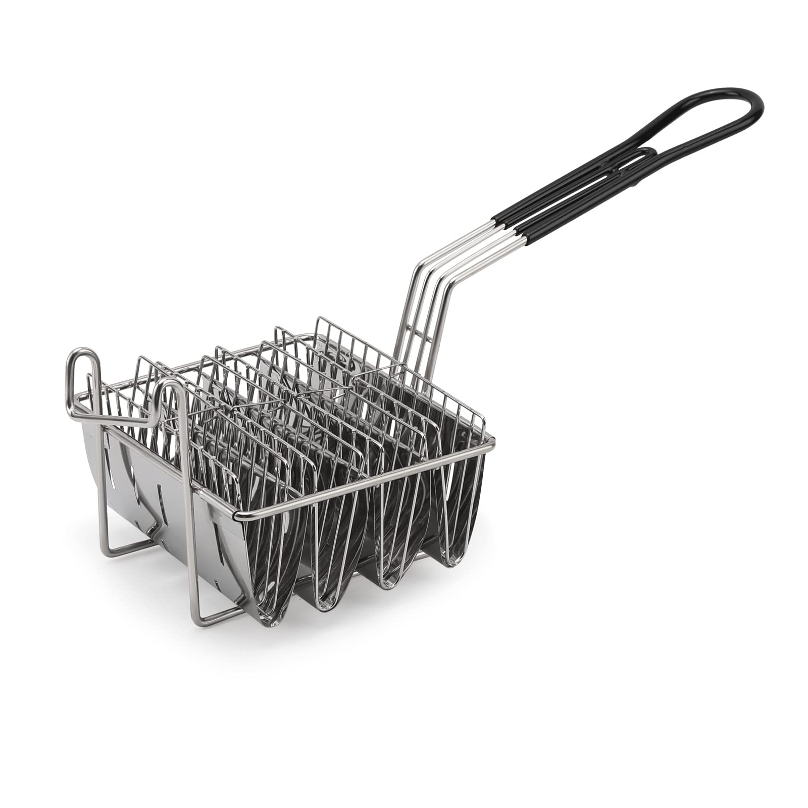 Stainless Steel Taco Fry Basket with Non-Slip Grip Handle - Holds 4 Shells for Deep Frying - Perfect for Taco Tuesday, Mexican Food Night & Restaurant-Style Cooking at Home