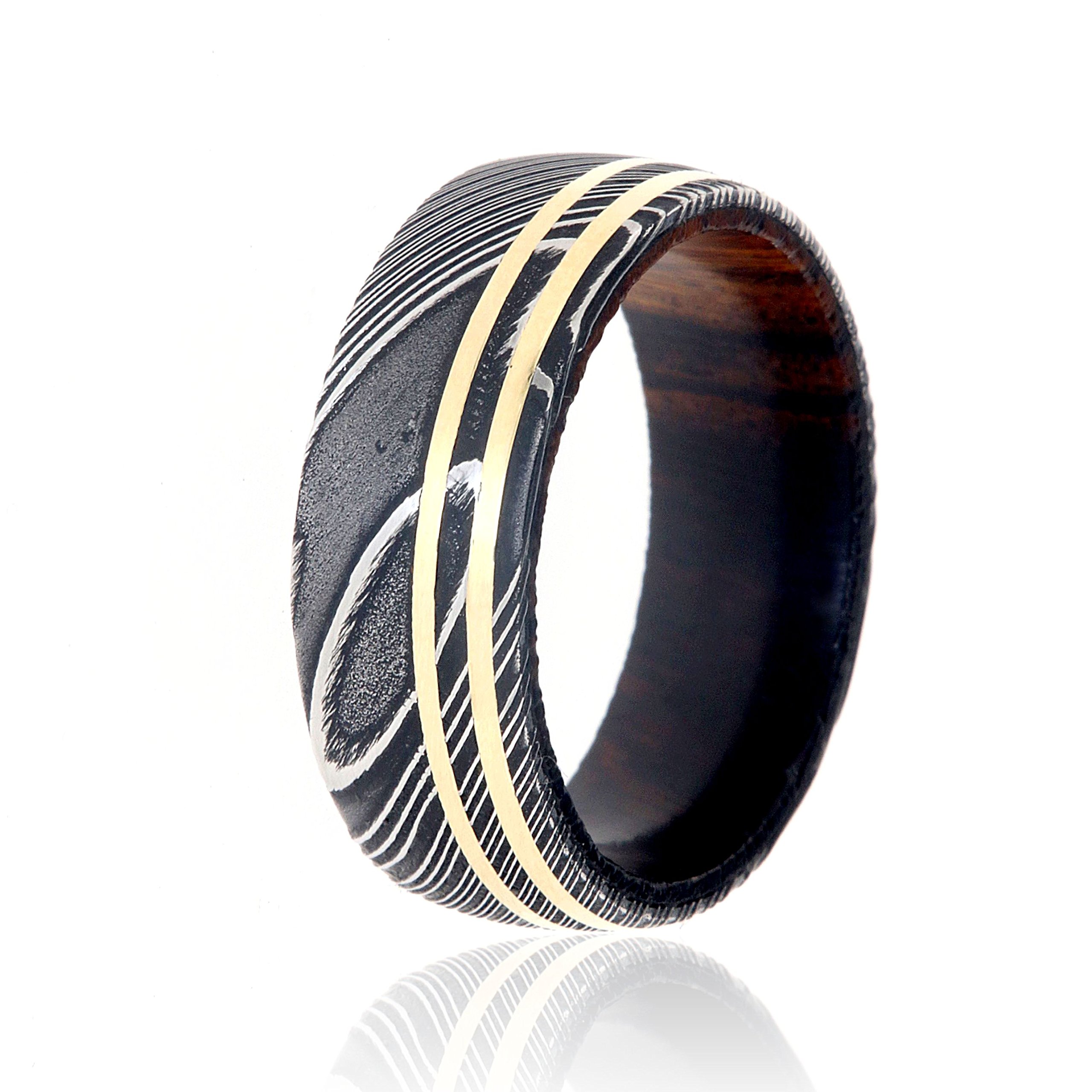 Handmade Damascus Steel Wedding Bands - 14k Gold Inlay Rings for Men & Women - USA Crafted - Perfect for Anniversaries, Engagements & Unique Gifts