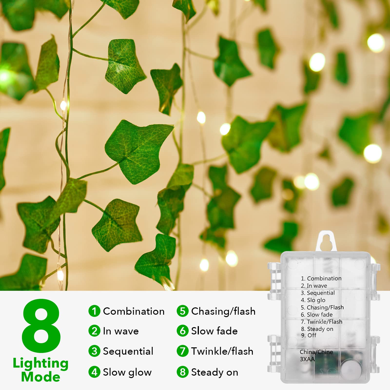 24-Pack Battery Operated String Lights with Artificial Ivy Vines - 7ft 110 LED Vine Lights with 8 Lighting Modes, Warm White for Bedroom, Wall Decor, Wedding, Indoor Party & Festival Lighting (Perfect for Creating Romantic Ambiance)
