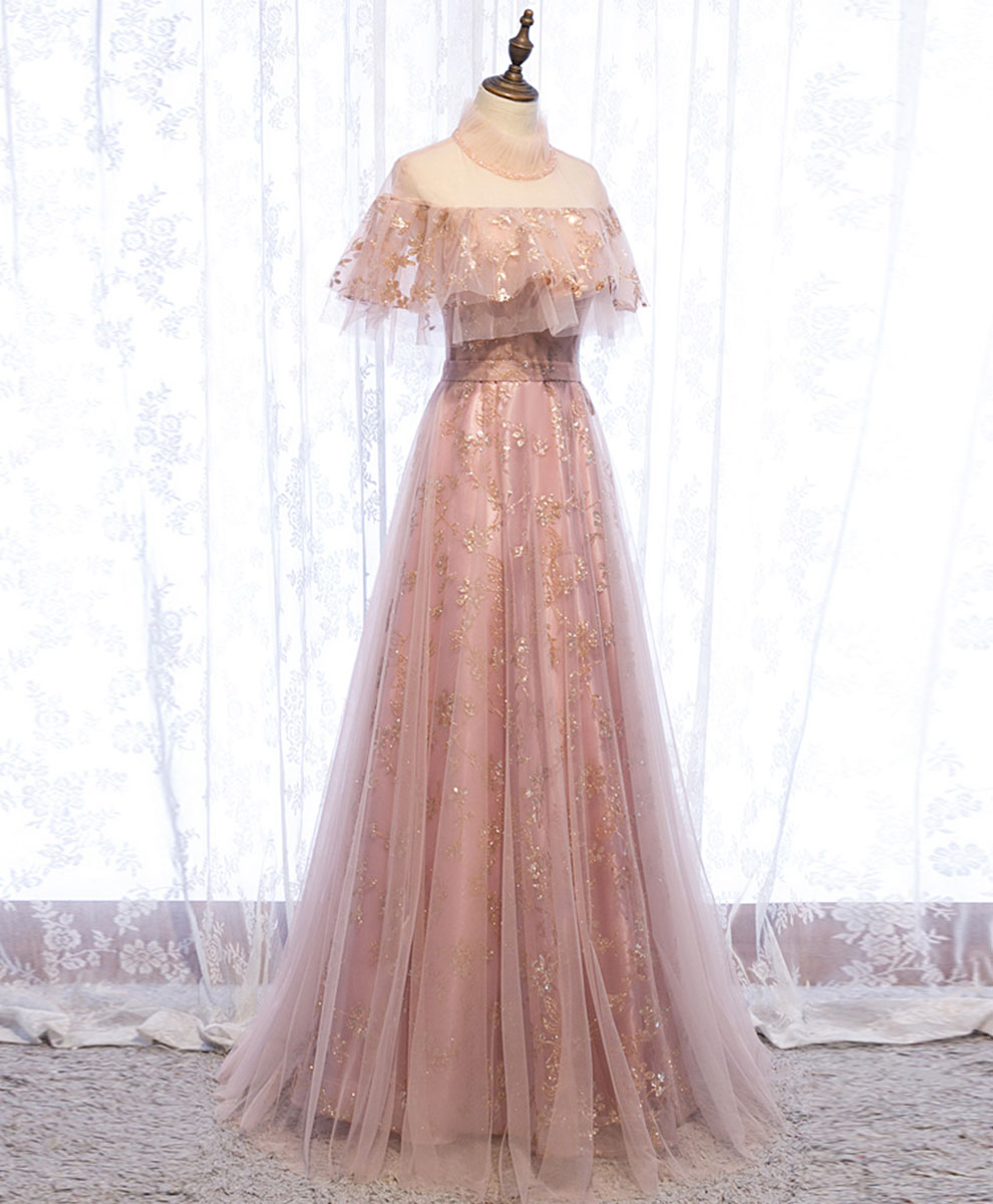 Elegant Pink Tulle Lace Long Prom Dress with Floral Embroidery - Formal Evening Gown for Homecoming, Quinceañera & Special Occasions - Perfect for Prom Night, Wedding Guest & Ballroom Dance Events