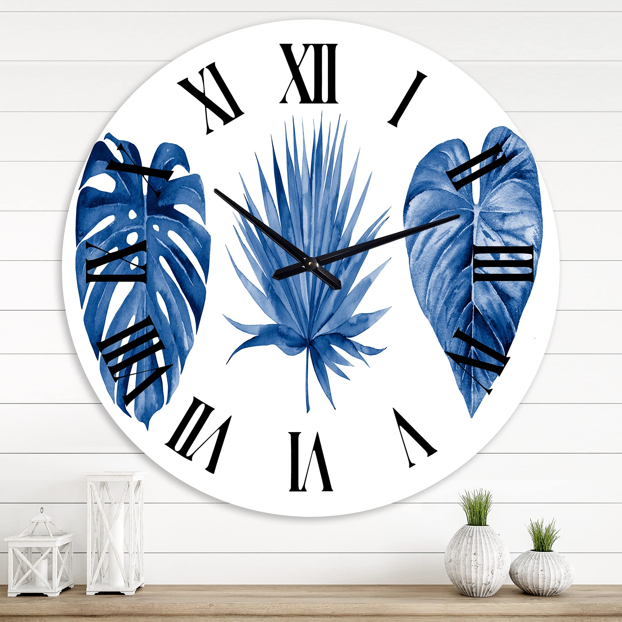 DesignQ Tropical Wall Clock - Classic Blue Tropical Leaves Floral & Botanical Large Wall Clock for Bedroom, Living Room, Kitchen Decor | Perfect for Home, Office & Beach House Décor
