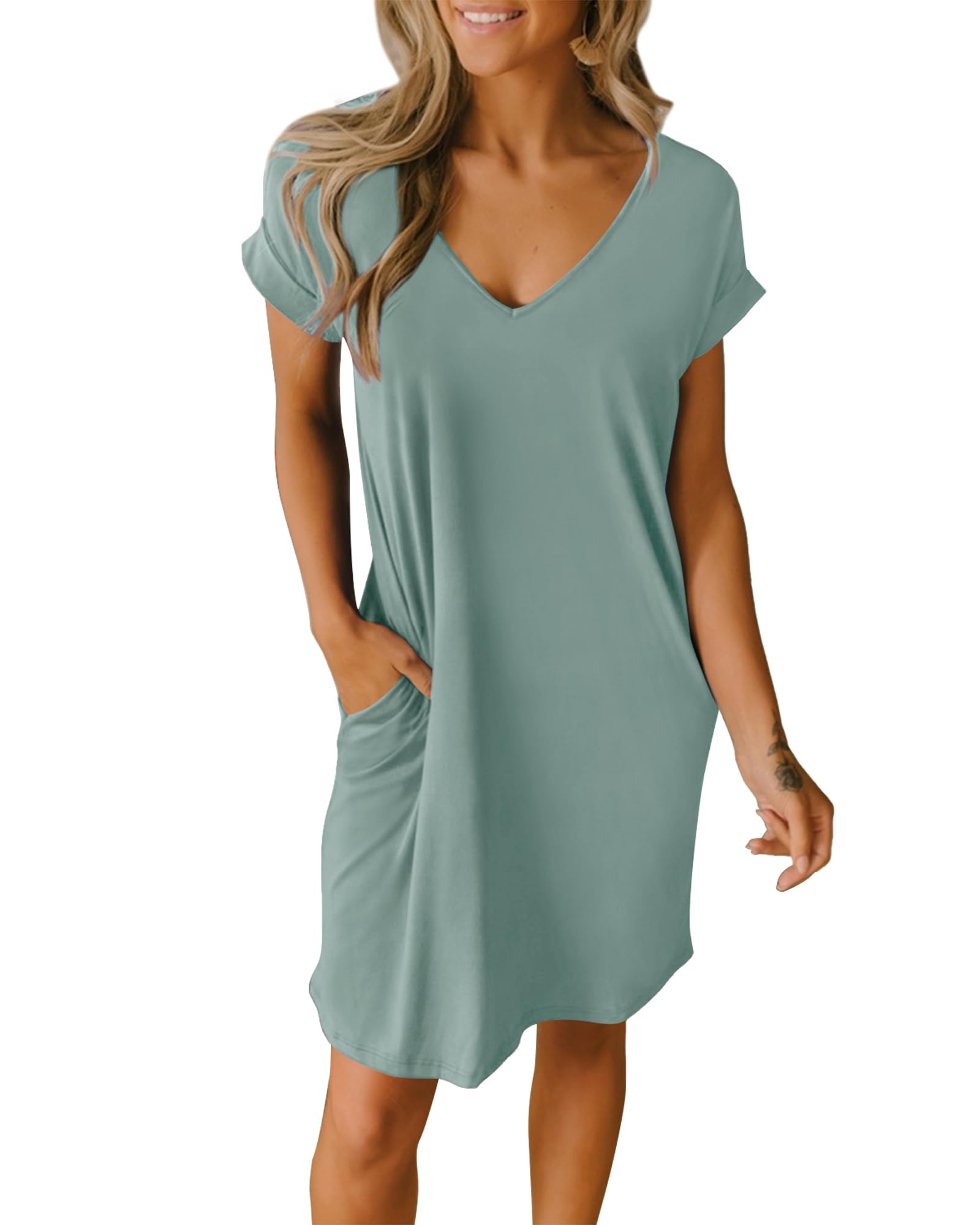 BTFBM Women's V-Neck Short Sleeve Summer Dress - 2025 Spring Casual Loose Tunic T-Shirt Dress with Pockets | Perfect for Beach, Vacation, Lounge & Sleepwear