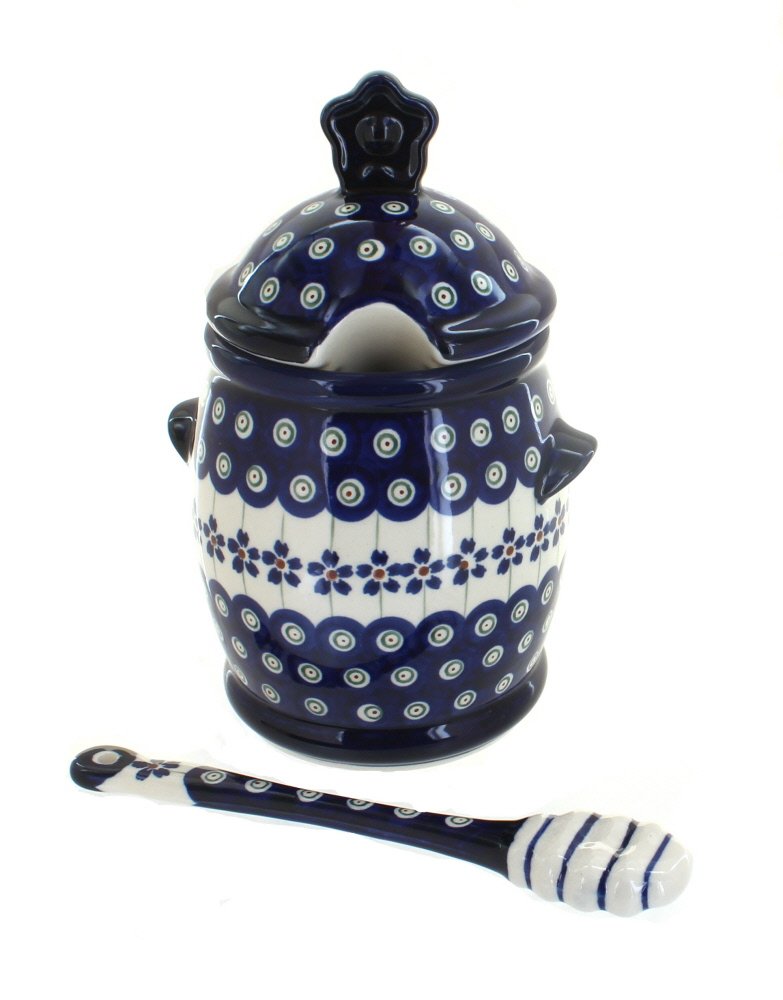 Exquisite Blue Rose Polish Pottery Peacock Honey Pot with Dipper - Handcrafted Ceramic Honey Jar for Tea, Coffee, and Breakfast Table Decor