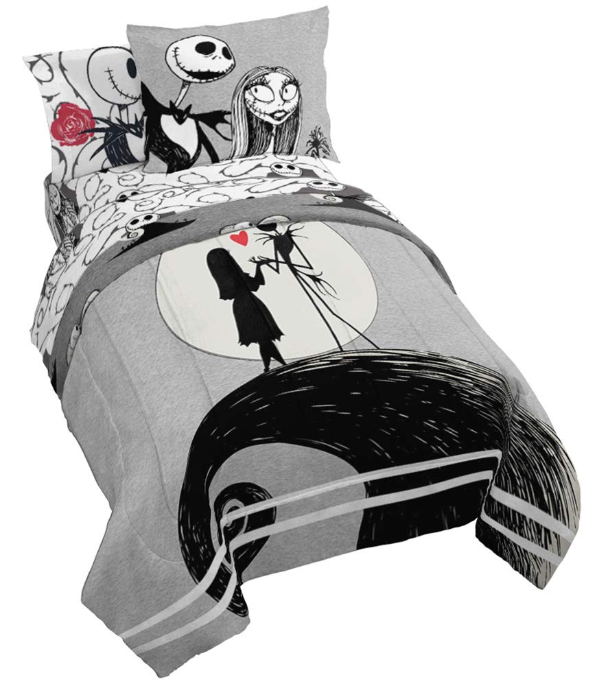 Disney Nightmare Before Christmas Twin Bed Set - 5 Piece Reversible Comforter & Sheet Set with Jack Skellington & Sally - Super Soft Microfiber Bedding for Kids & Teens - Perfect for Halloween & Christmas Decor