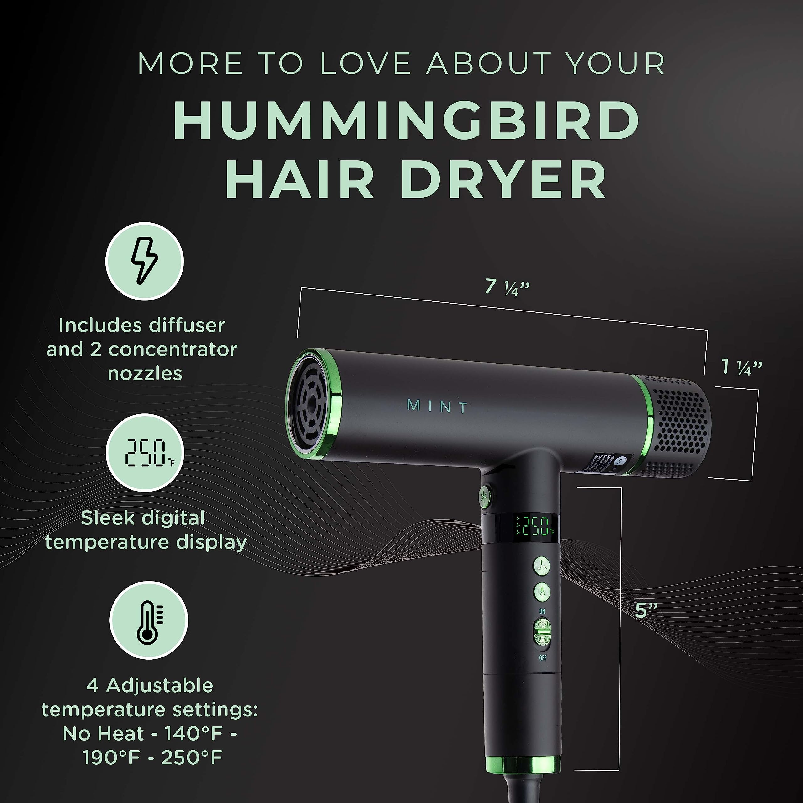 MINT Hummingbird Smart Professional Hair Dryer with Diffuser - Lightweight Blow Dryer with Brushless Motor | High Speed Ionic Hair Dryer with Ultra Quiet BLDC Motor - Perfect for Home, Salon & Travel Use