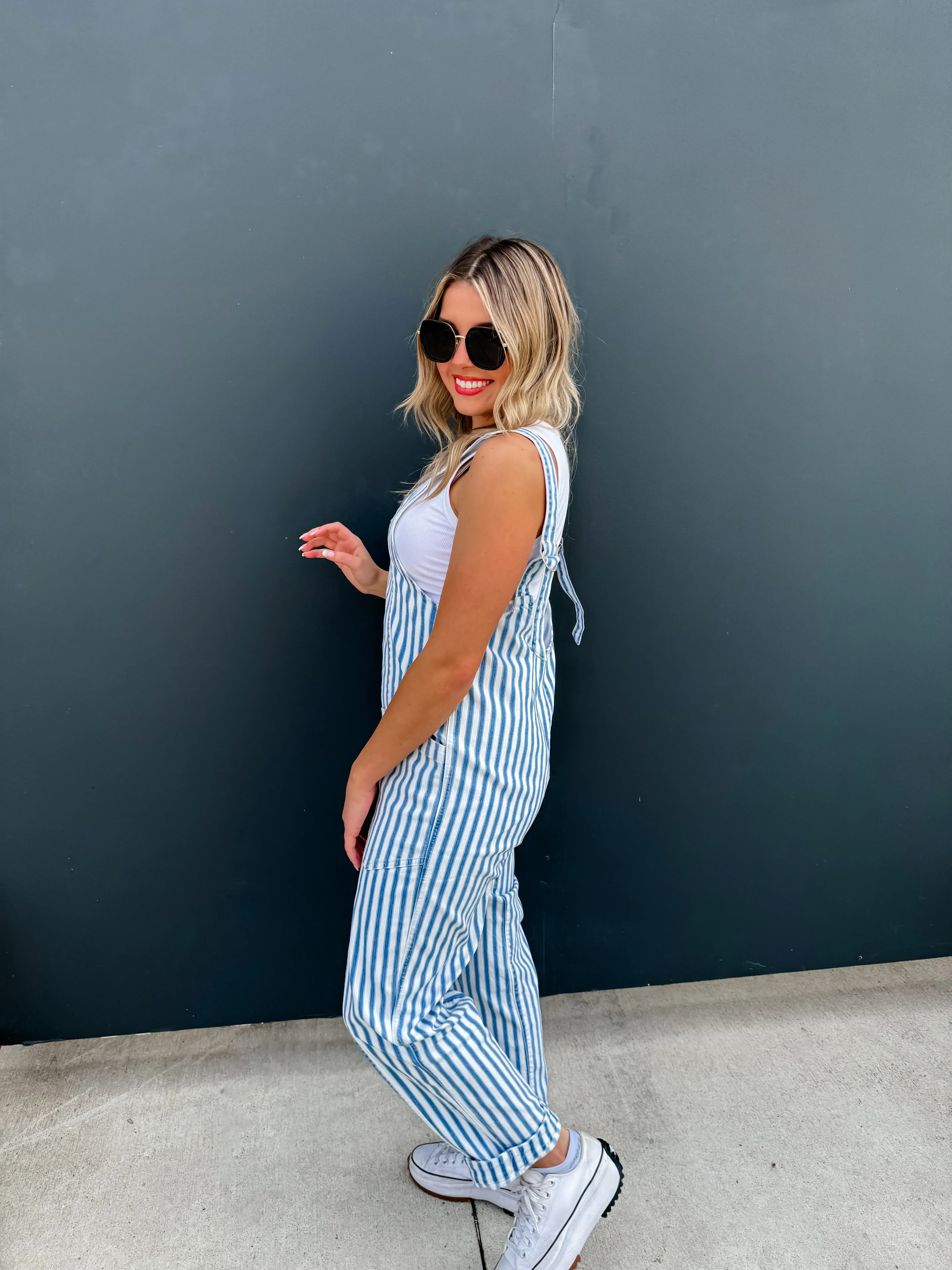Blue Stripe Britte Romper Overalls for Women - Cute Denim Jumpsuit with Adjustable Straps | Perfect for Summer Outfits, Casual Wear & Outdoor Activities