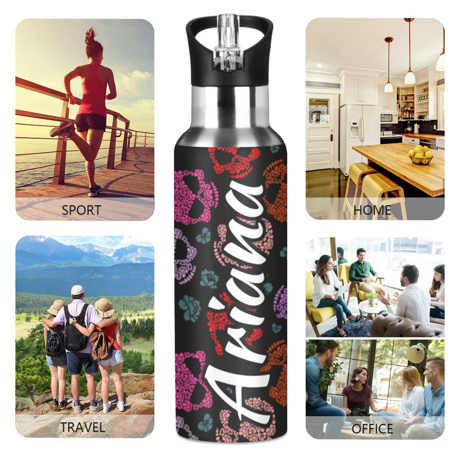 Custom 20oz Insulated Flower Skull Water Bottle with Straw Lid - Personalized Reusable Sports Bottle for Gym, Hiking & Backpacking - BPA Free Leakproof Stainless Steel Drinkware for Outdoor Activities & Workouts