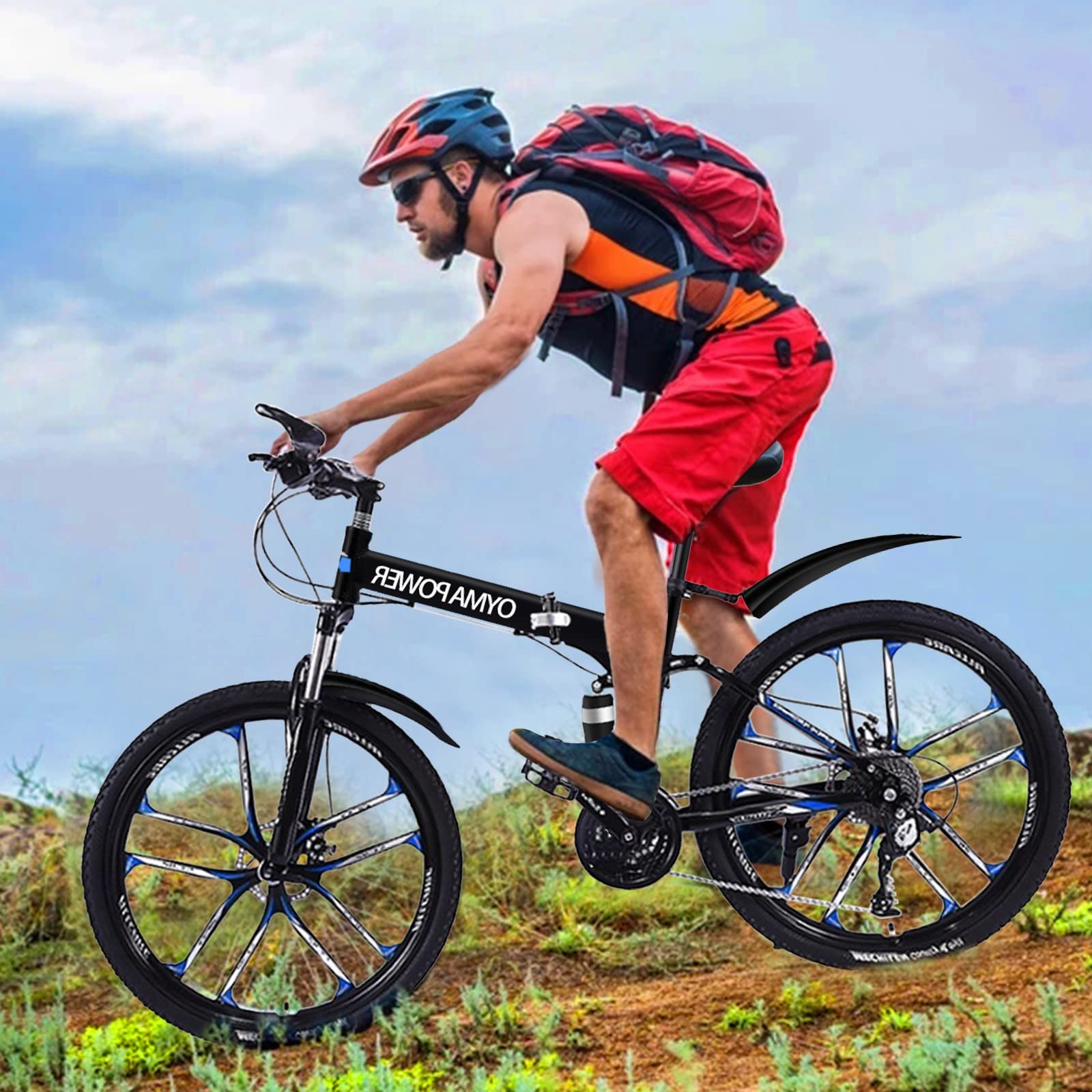 26 Inch Folding Mountain Bike for Men & Women - 21 Speed Full Suspension Foldable Bicycle with Disc Brakes & Non-Slip Tires - High Carbon Steel Frame for Commuting, Travel & Outdoor Adventures