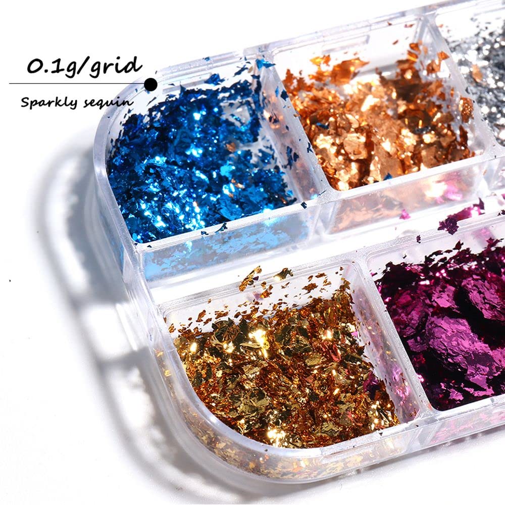 6 Grids DIY Manicure Irregular Mirror Sparkly Nail Sequins & Foils - Luxury Nail Glitter Flakes for Acrylic Nails, Gel Polish, Nail Art Designs & Home Salon Decor