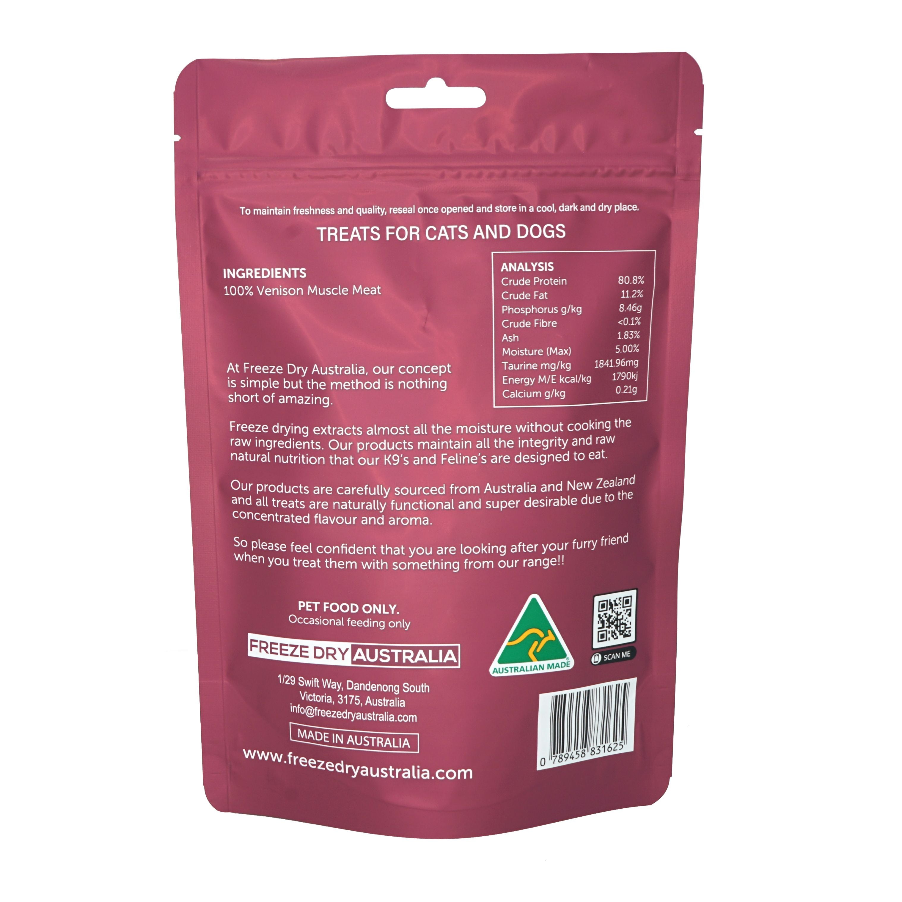 Freeze Dried Australia Venison Dog & Cat Treats - 100g Grain-Free Natural Pet Snacks for Training & Rewards - High Protein Healthy Chews for Puppies, Kittens & Adult Pets