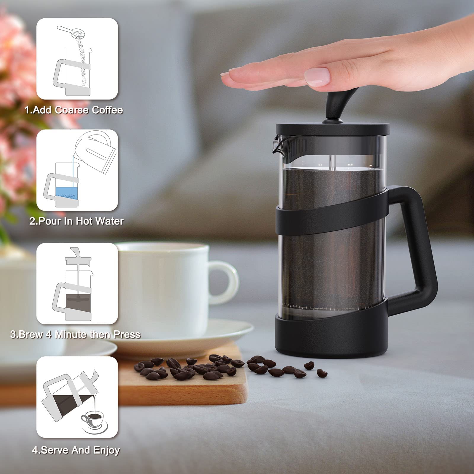RAINBEAN Mini French Press Coffee Maker 12 oz (350ml) - Portable Travel & Camping Coffee Brewer, Compact Stainless Steel French Press for Hot & Iced Coffee, Tea & Frothed Milk - Perfect for Home, Office & Outdoor Adventures (Black)