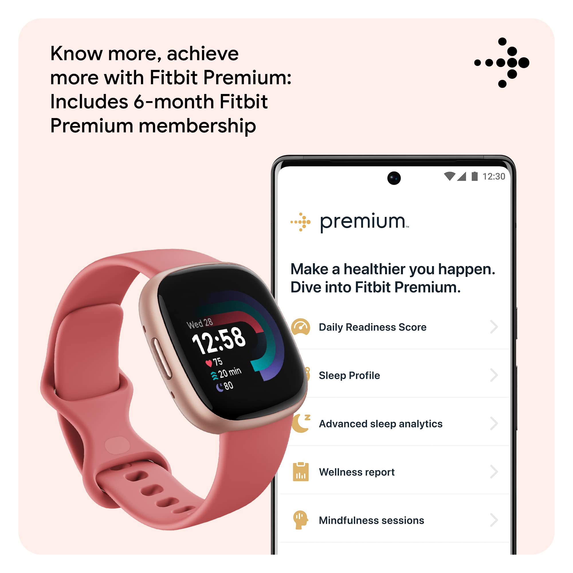 Fitbit Versa 4 Smart Watch - Pink Sand/Copper Rose | Fitness Tracker with GPS, Heart Rate Monitor, 40+ Exercise Modes, Sleep Tracking | Perfect for Running, Swimming & Daily Activity Tracking (Includes S & L Bands)
